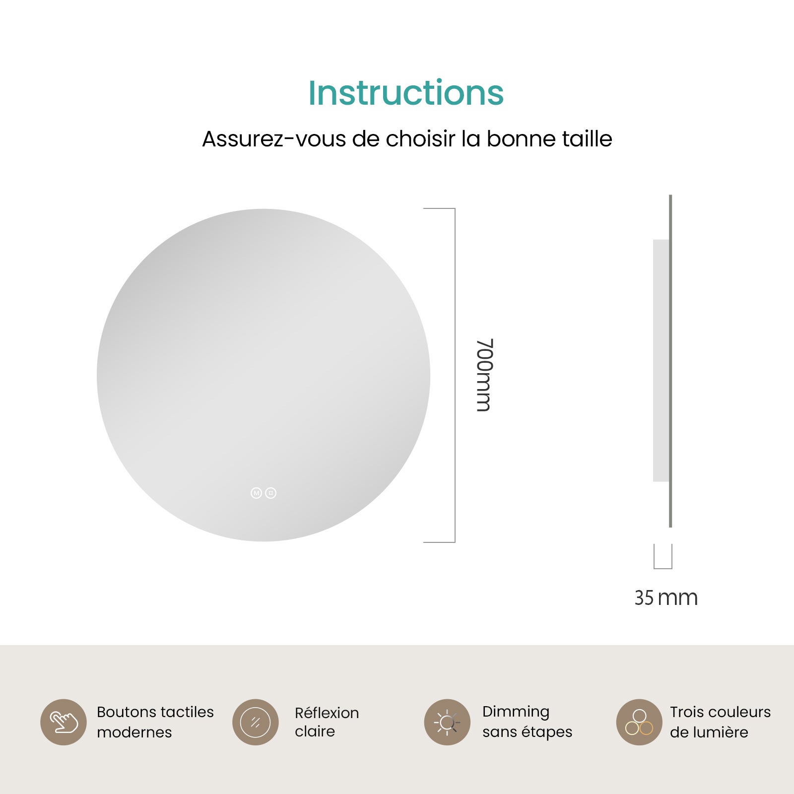 EMKE Miroir de Salle de Bain LED Rond Ø 70 cm, Sans Cadre, 3 Couleurs, Intensité Réglable, Design Épuré - 8