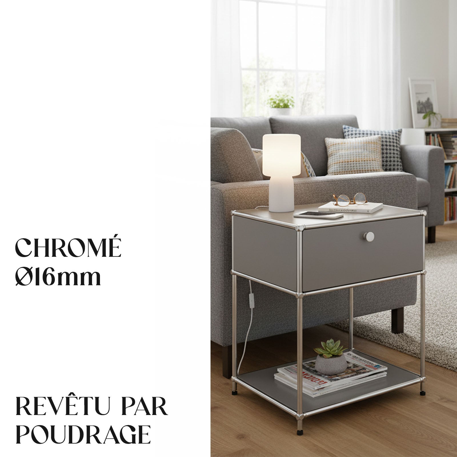 Étagère métal chromé design épuré, Concept Epuré MK-139, L50 × P40 × H65 cm, Gris - 4