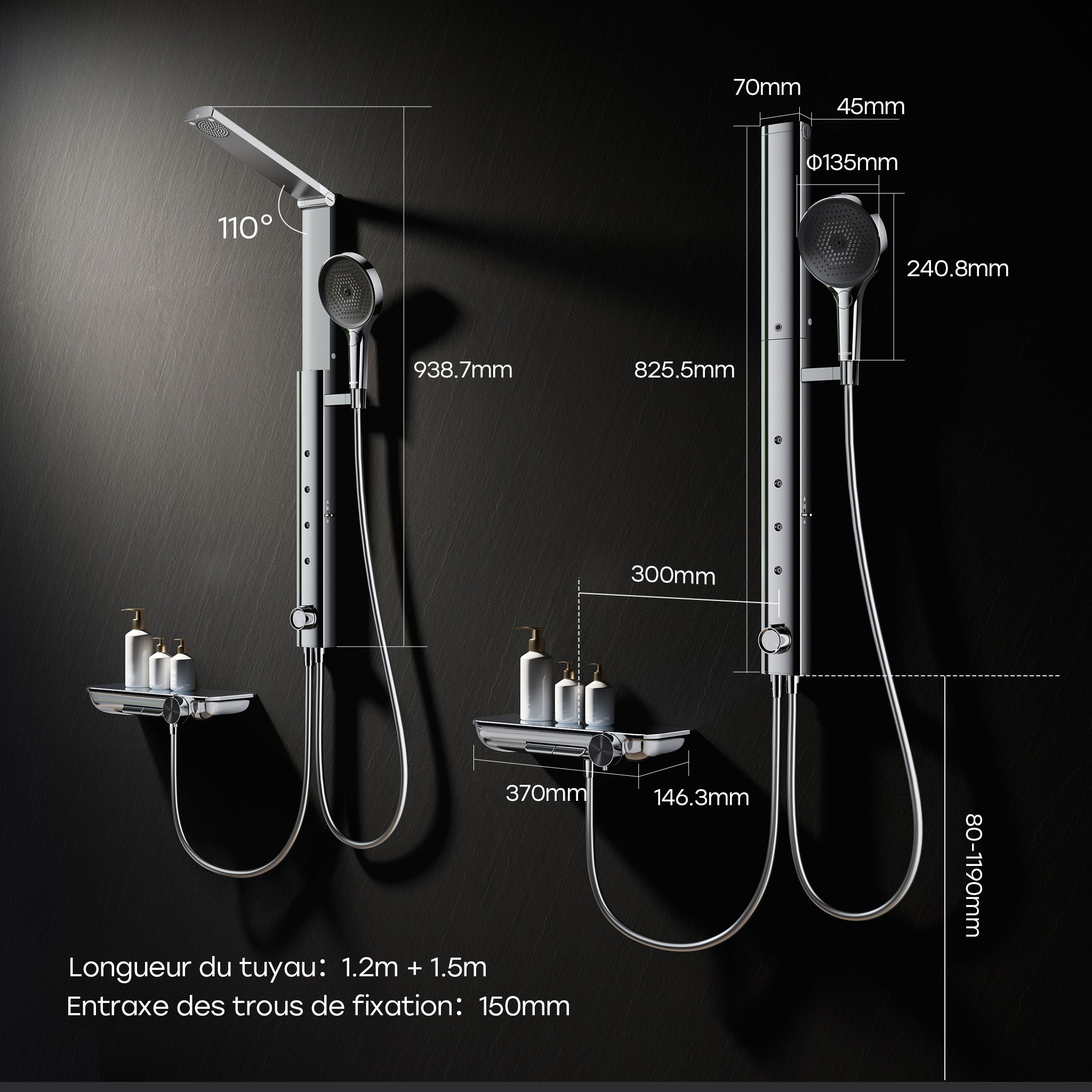 HOROW Système de douche avec thermostat, ensemble panneau de douche avec pommeau de douche pliable 4 fonctions de massage, réglable en hauteur - 9