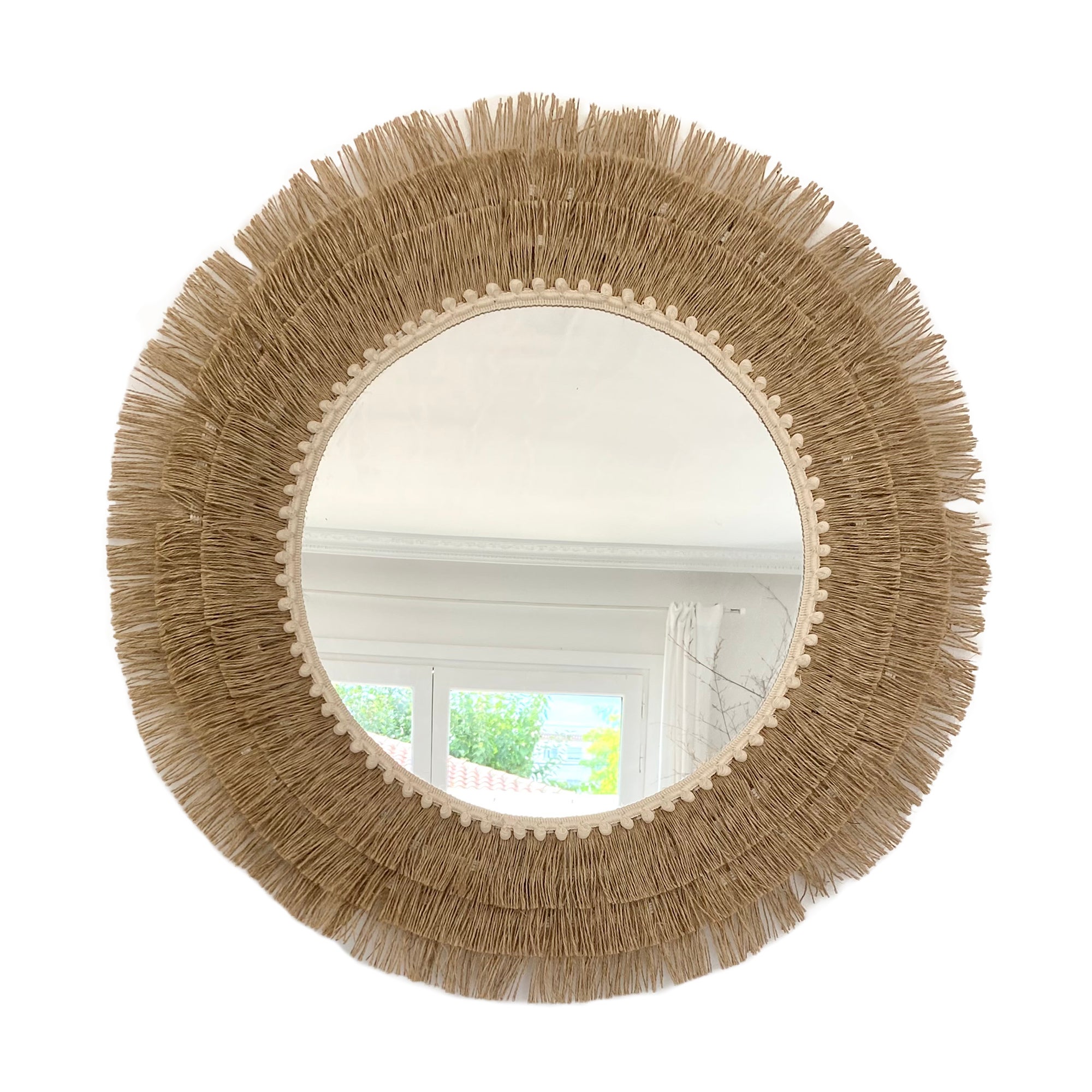 Miroir rond en corde de jute naturelle, franges et fibres naturelles Décoration murale de style ethnique - MIRROR JUTE III BALLS 35cm - 2