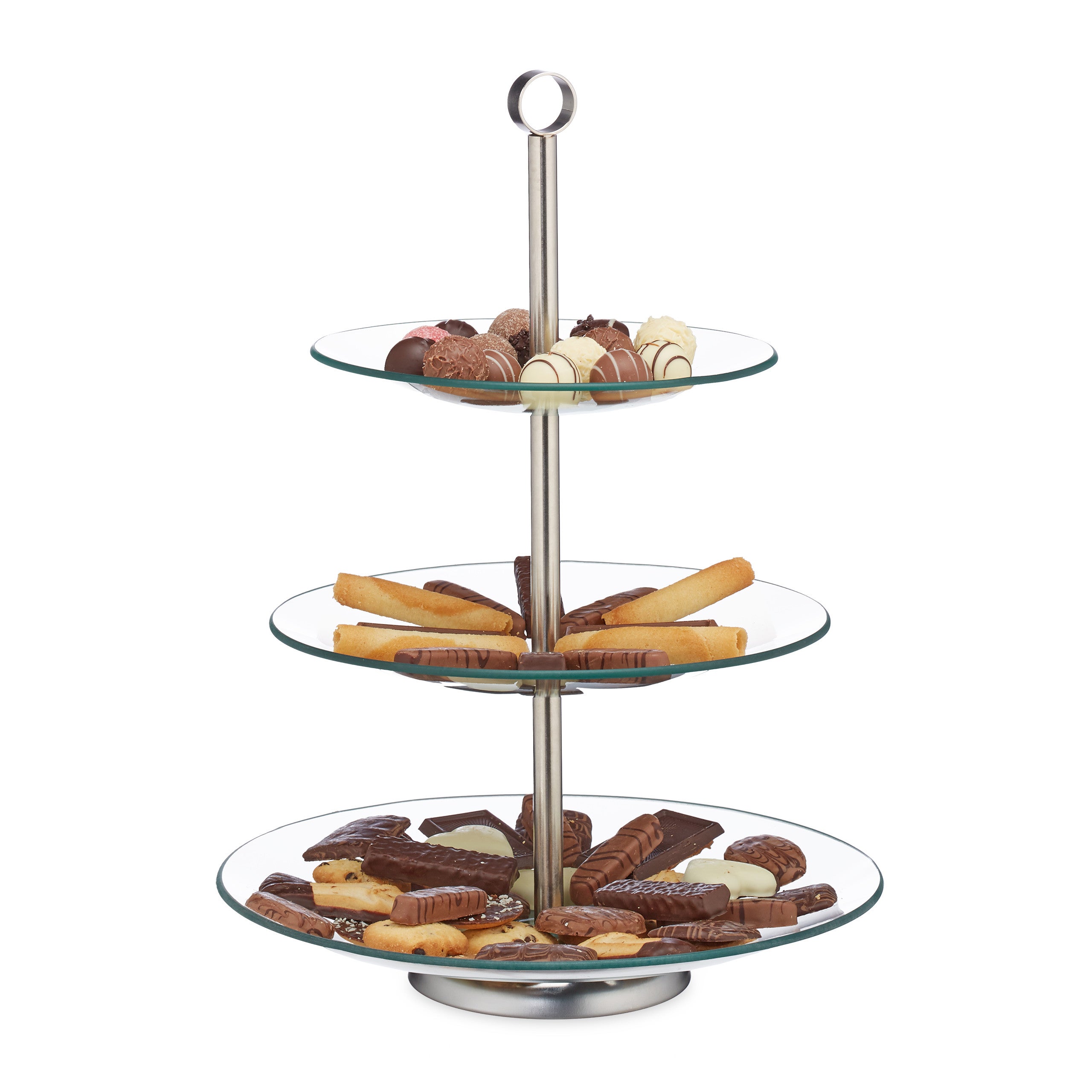 8 soportes para tartas, cupcakes y fruta de 3 pisos, cristal-acero, plateado-transparente, 40 x 29,5 cm