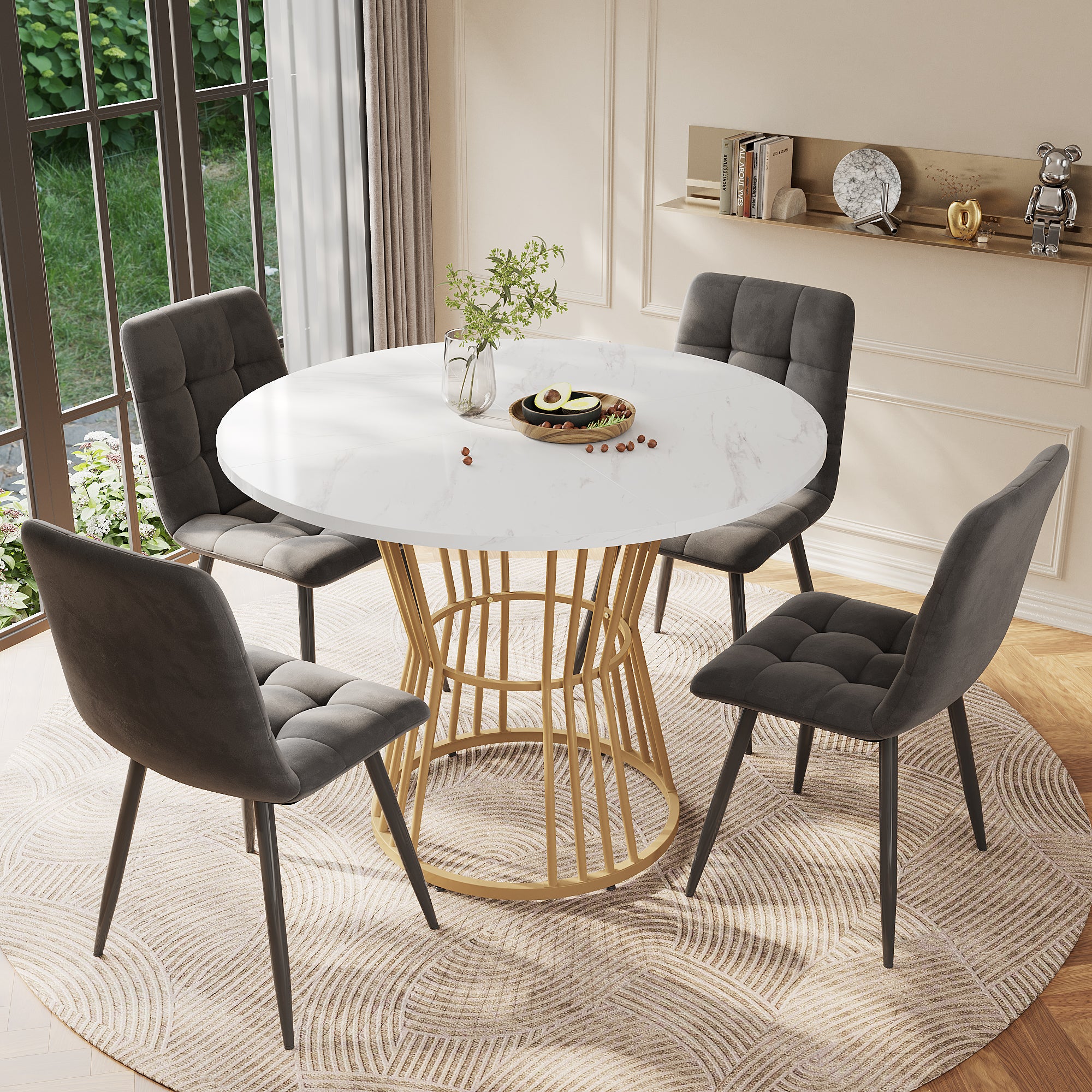 Zestaw okrągły stół jadalny D 100 x W 75 cm + 4 krzesła welurowe - MDF drewno i metal - szary + biały