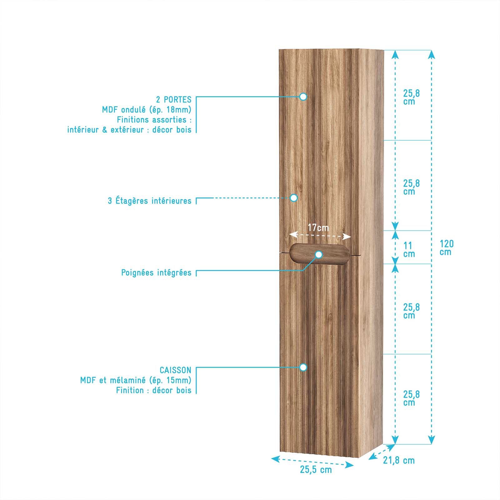 Meuble et colonne de Salle de Bains LEON 80cm Décor Bois - Façades Ondulées - Vasque Blanche Mate - 5