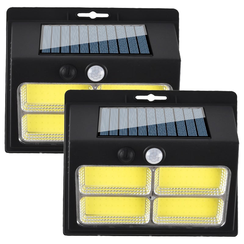 Zestaw 2 zewnętrznych lamp solarnych z czujnikiem ruchu, 3-trybowe solarne lampy bezpieczeństwa ścienne do ogrodu, na ogrodzenie, 120 COB