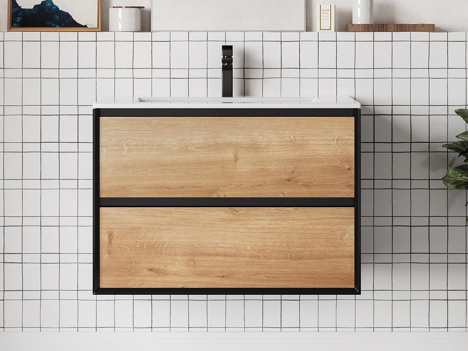 Szafka łazienkowa wisząca z umywalką wpuszczaną w blat - Naturalny jasny i czarny - 80 cm - LANNICK