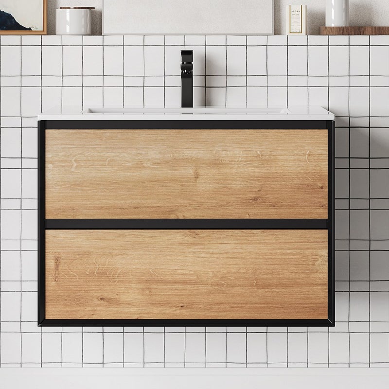 Szafka łazienkowa wisząca z umywalką wpuszczaną w blat - Naturalny jasny i czarny - 80 cm - LANNICK