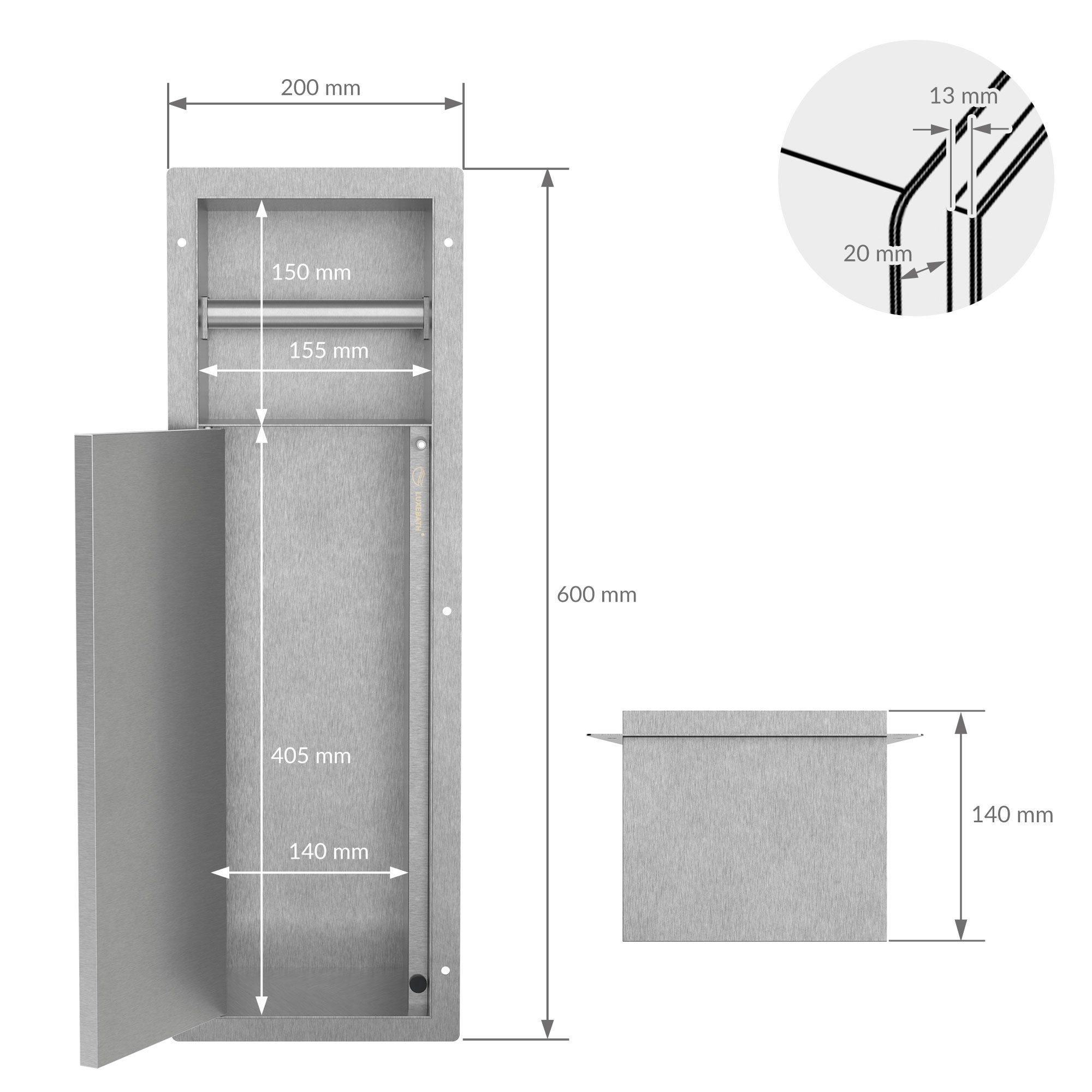 LuxeBath moduł szafki podtynkowej ze stali nierdzewnej srebrny 60x20x14 cm szafka łazienkowa z miejscem na papier i wbudowaną szczotką wc - 3