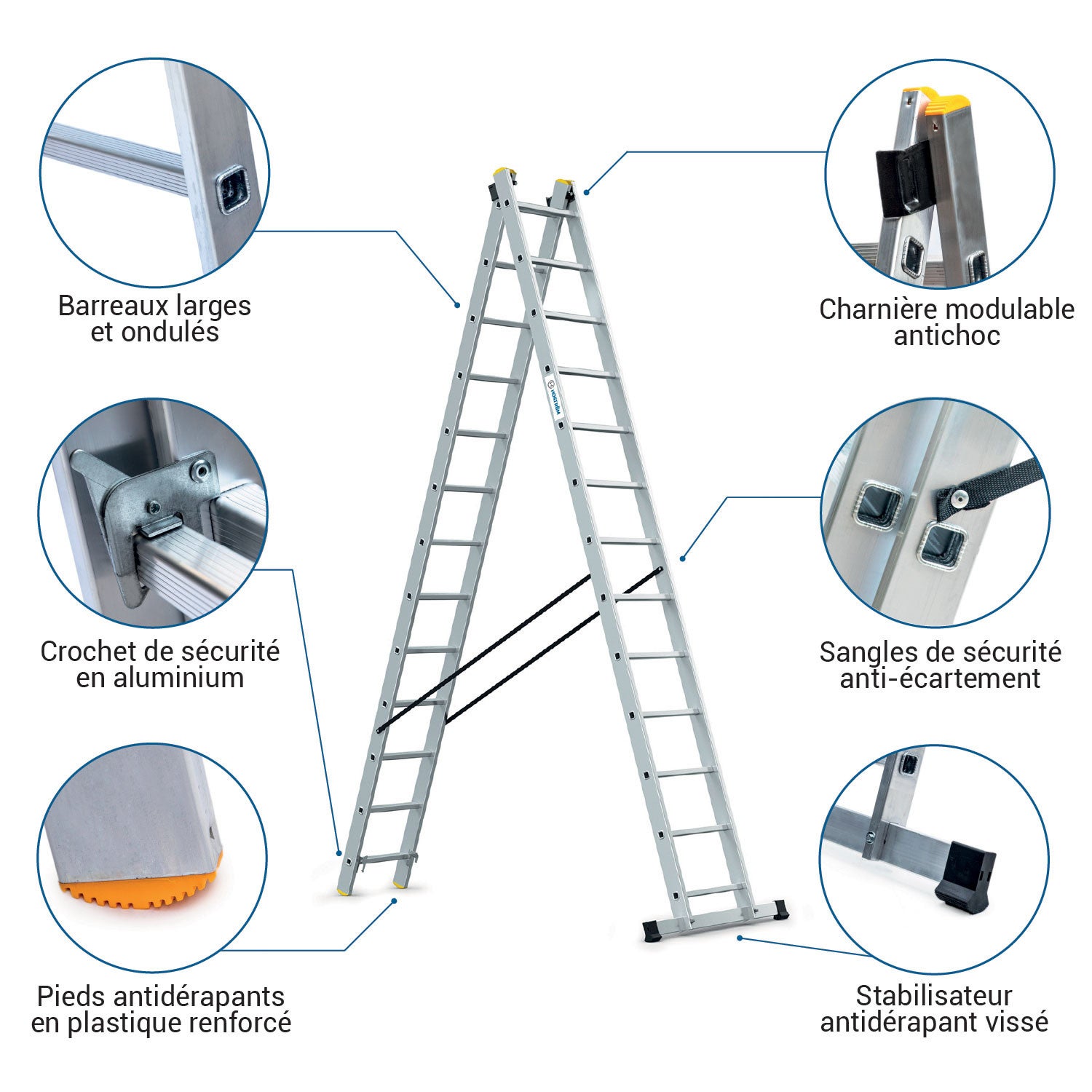 HOSTRÖM Echelle transformable 2 plans StablePro 2x13 marches aluminium extensible coulissante, 3 positions, hauteur travail max 6,55m, garantie 5 ans - 3