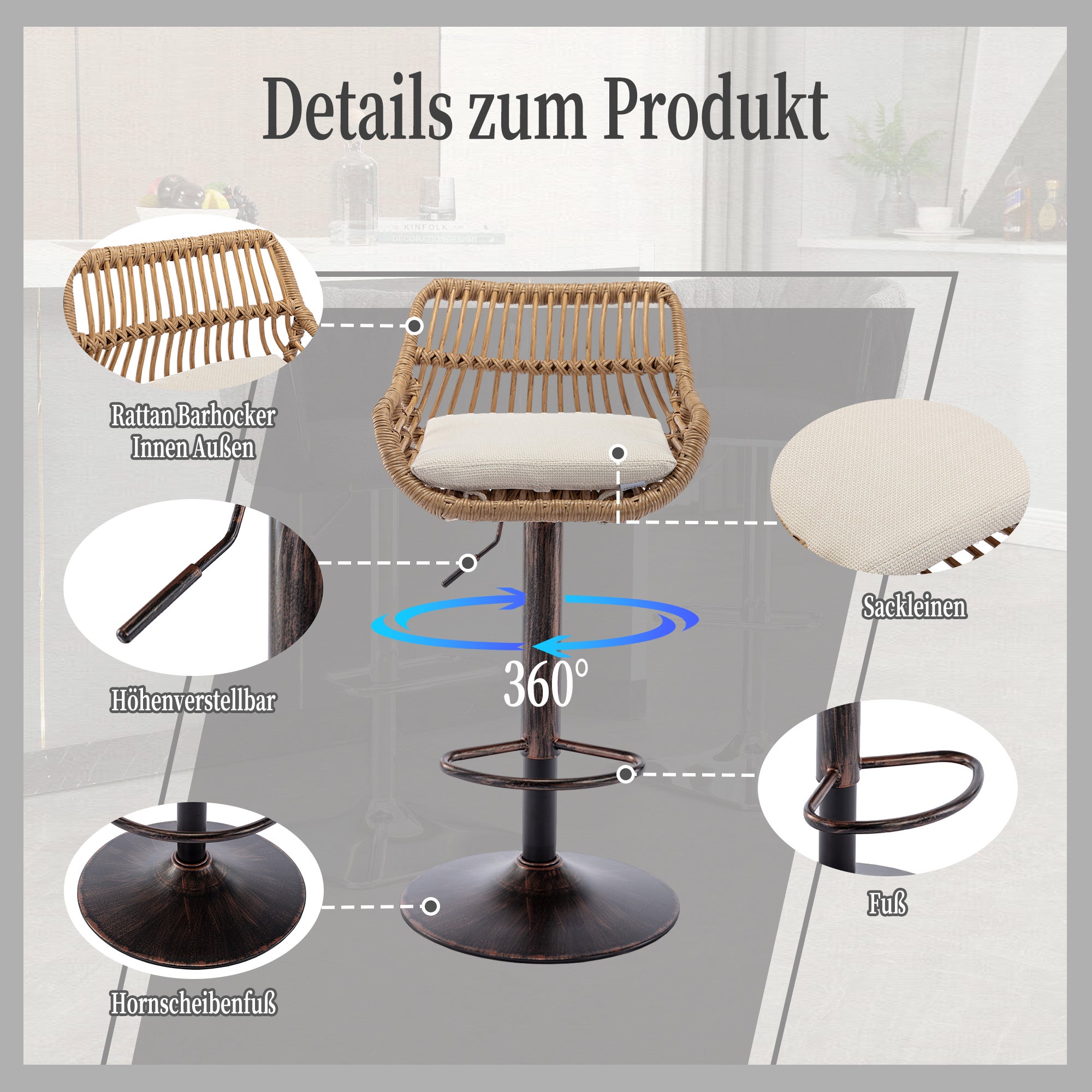 Lot de 2 Tabourets de Bar Rotin Beige Pivotants 360° - 39x38x109 cm, Hauteur Réglable 65-85 cm, Chaise de bar avec Pieds Métal Doré, pour Cuisine - 3