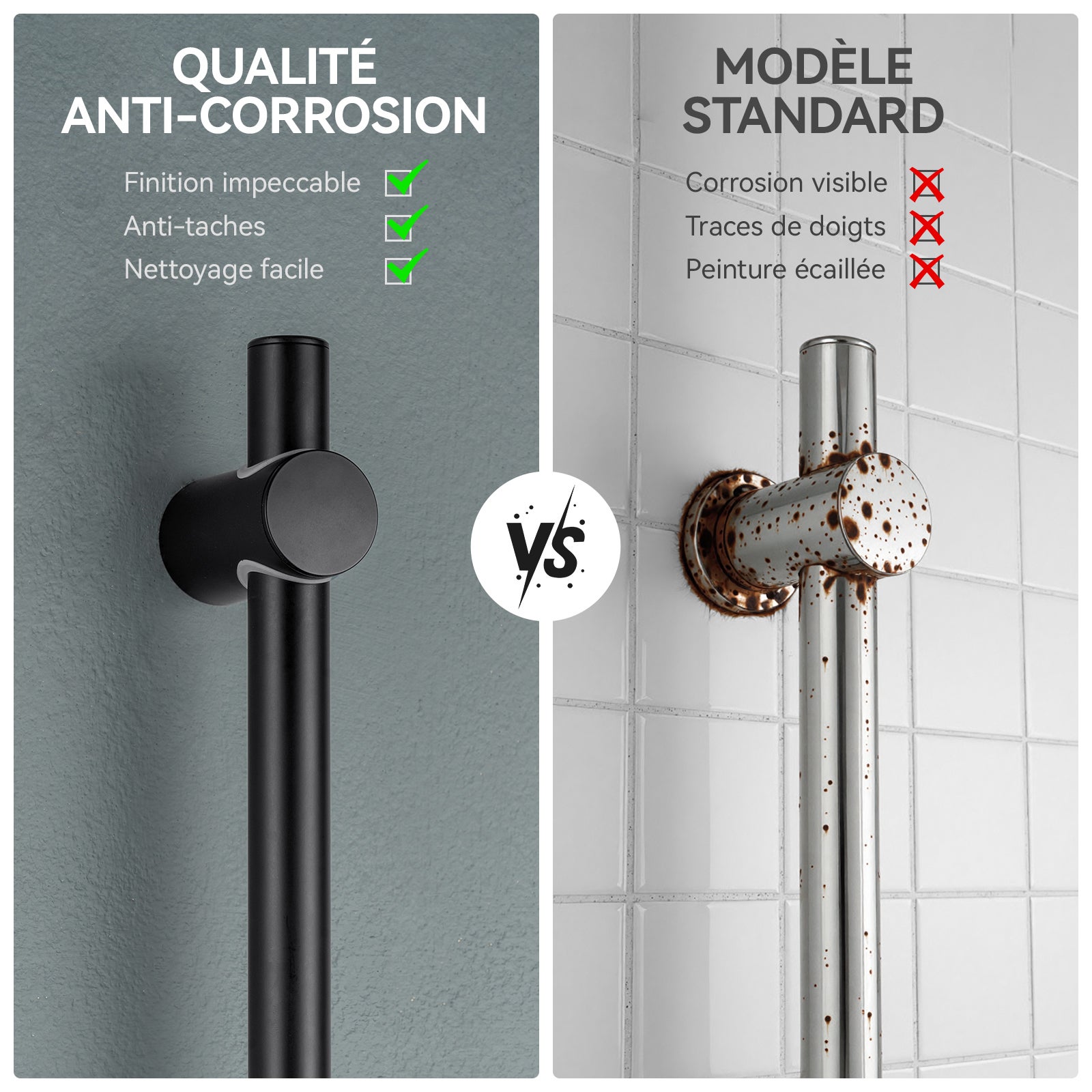 Barre de Douche en inox 70 cm avec Support de Pommeau de Douche /étagère de douche,fixations murales réglables,avec support de douchette,noir - 7