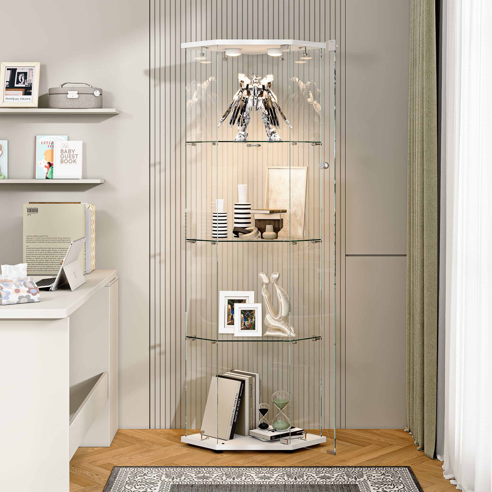 Vitrine en Verre, Vitrine pour collection Transparent en verre 4 Couches avec 1 Porte, LED Vitrine, pour salon et chambre à coucher,cinq angles - 3