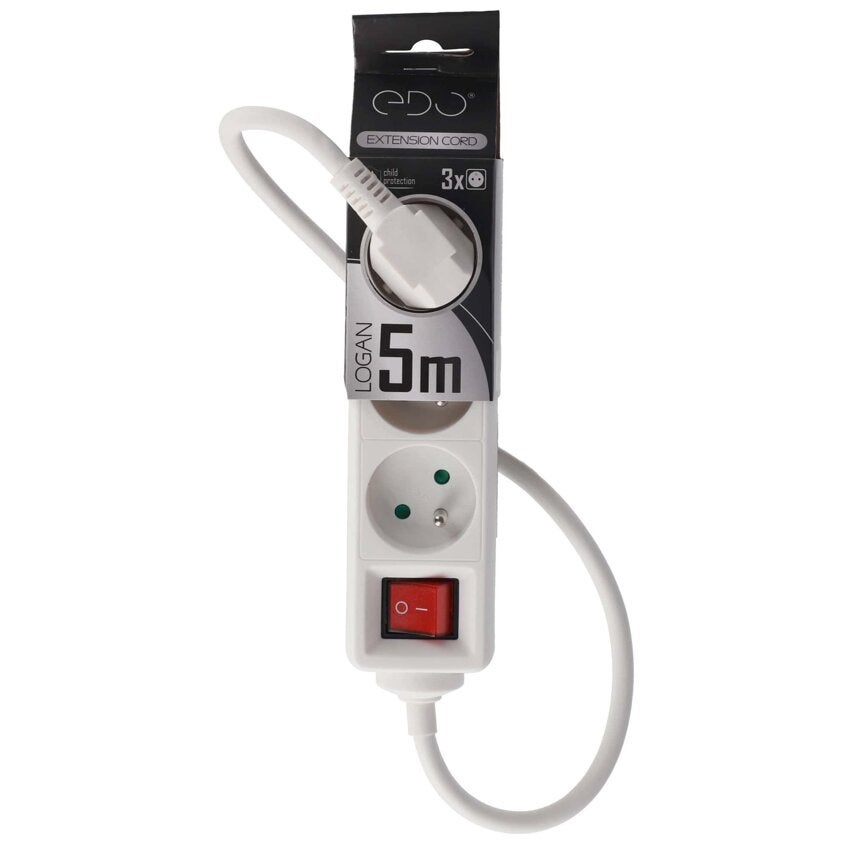 Multiprise filaire/Rallonge domestique portable Logan White 3 prises avec mise à la terre, 5 m avec interrupteur EDO - 2