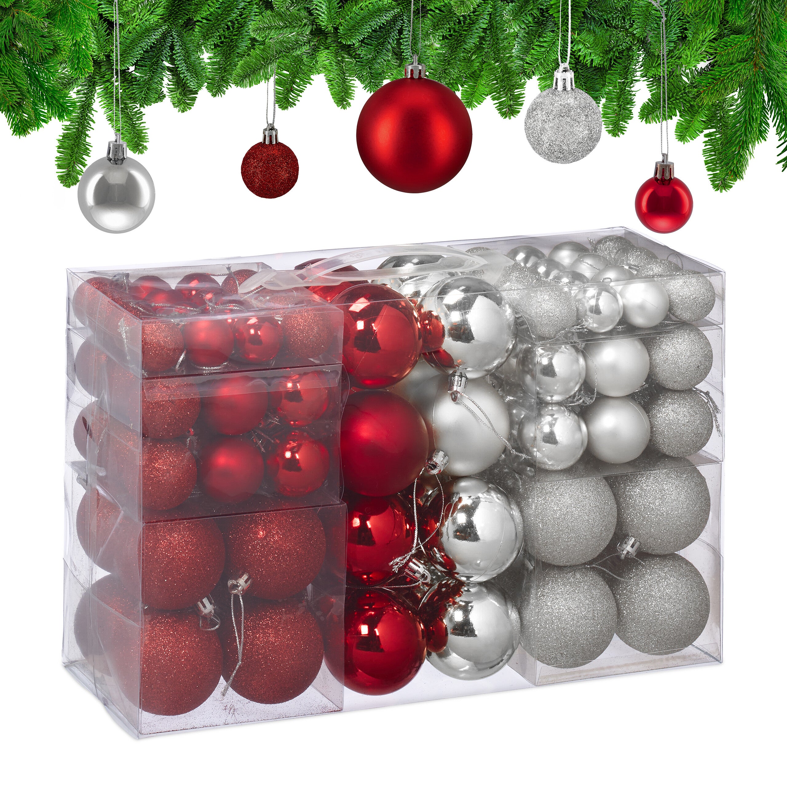 Lot De 100 Boules De Noël Relaxdays - Mates, Brillantes & Pailletées En Rouge Et Argent - 3 Tailles (3, 4, 6 Cm) Pour Décorer Votre Sapin