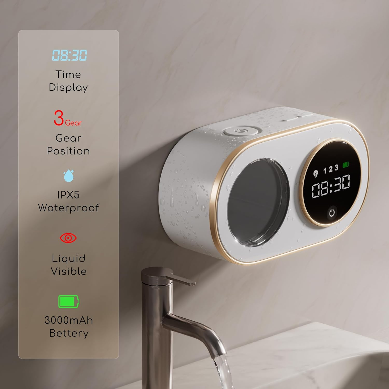Distributeur de savon automatique blanc sans contact, affichage de l'heure LED HD, distributeur de savon en mousse mural rechargeable, salle de bains - 3