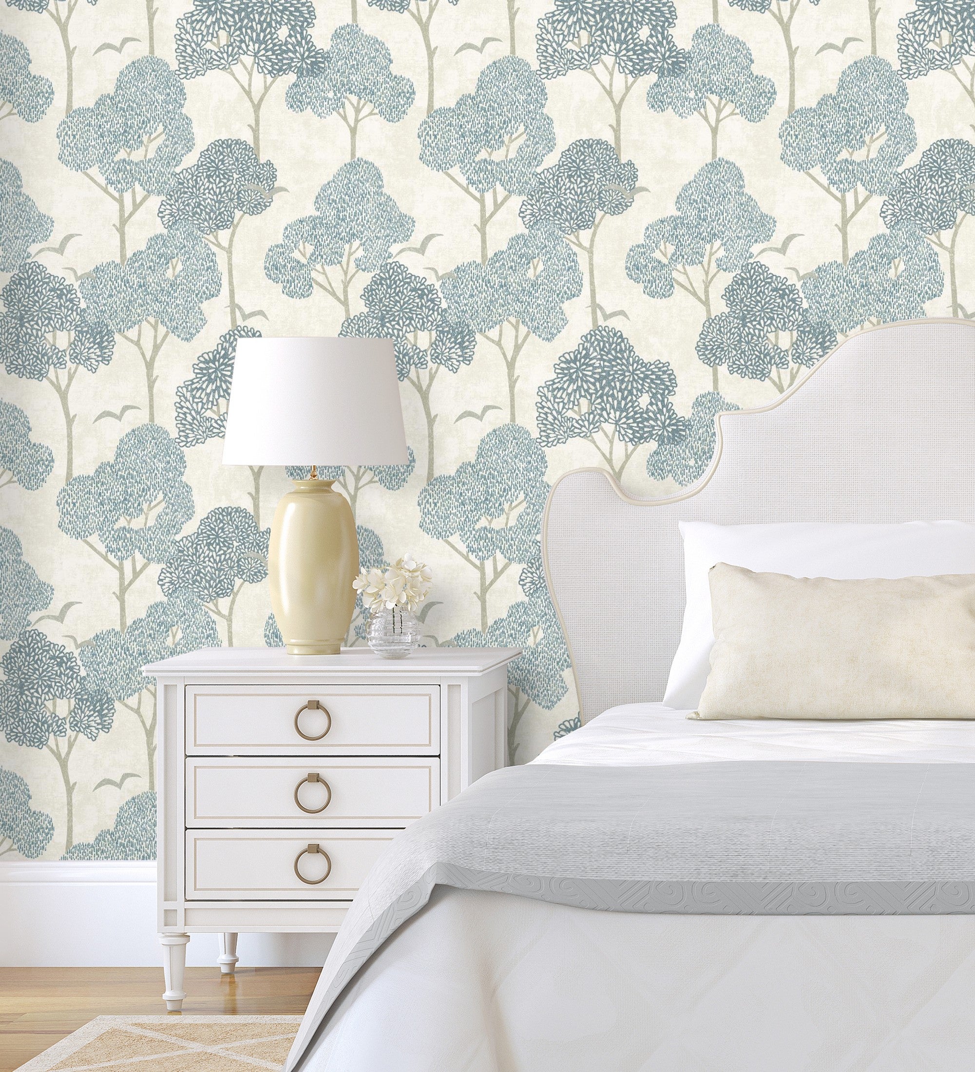Papel pintado vinílico ecológico de árboles azules y pájaros con efecto texturizado - central park 682077 de gaulan - rollo de 10 m x 0,52 m