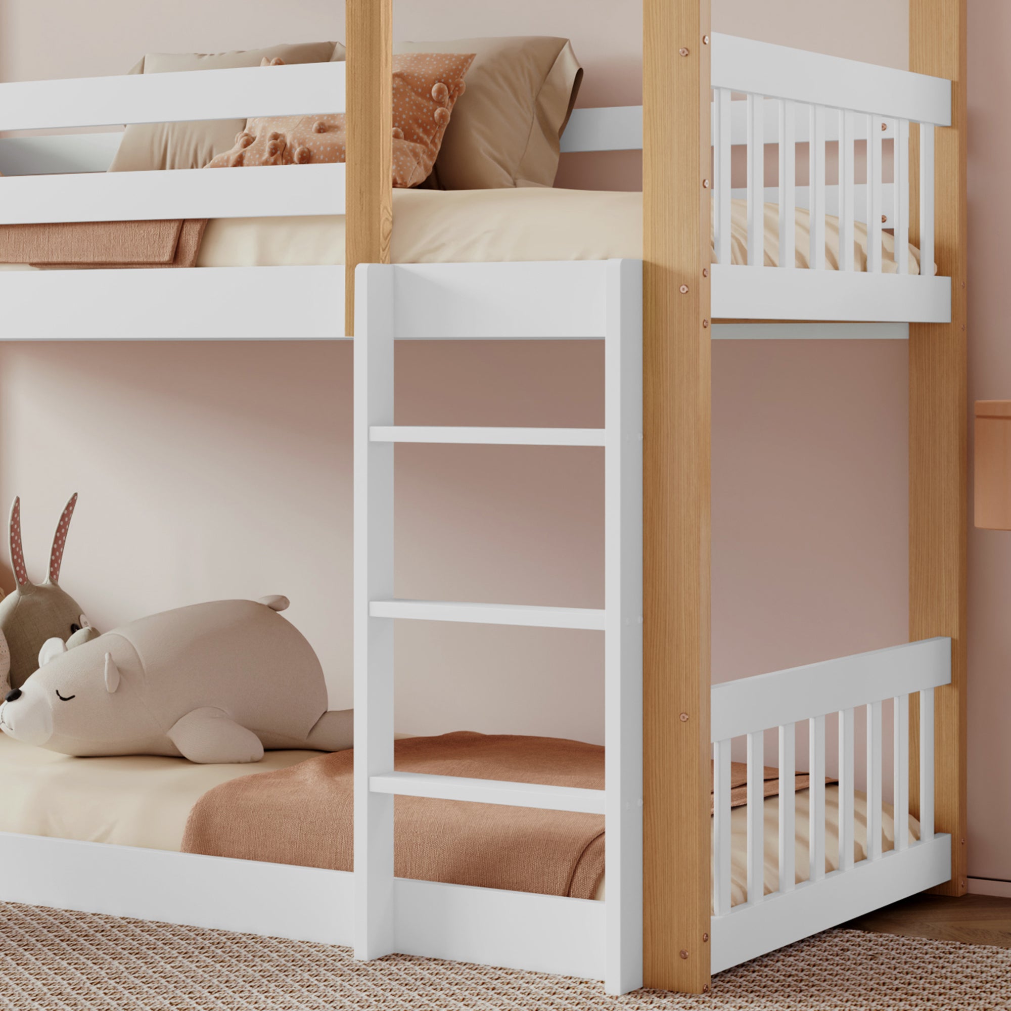 Lit superposé 90 x 200 cm pour enfant, lit mezzanine cabane en bois avec fenêtres et glissière d'angle, toboggan et clôtures (sans matelas) - 7