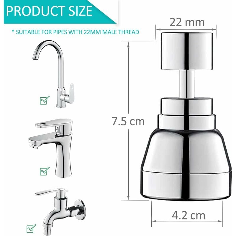3 Modes Douchette Embout Robinet Cuisine - 360 Degrés Tête Douchette Evier Cuisine,Adaptateur Economiseur D'eau Pour Robinet,FM22/M24(Argent) - 2