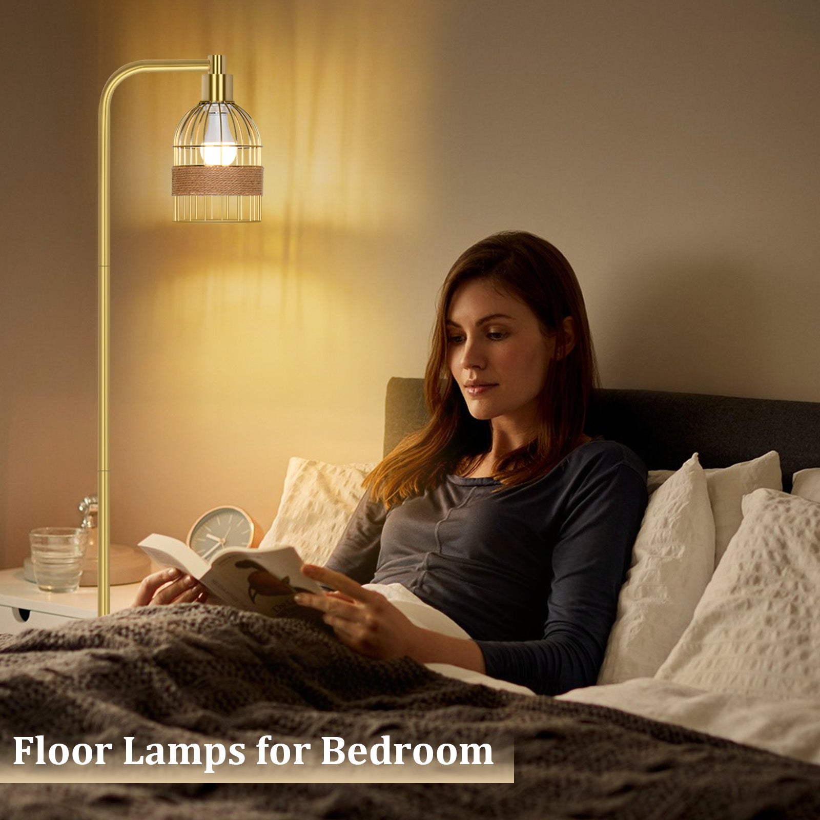 Lampadaire doré industriel – 170 cm, lampadaire sur pied design avec abat-jour en rotin, télécommande & variateur LED pour salon - 8