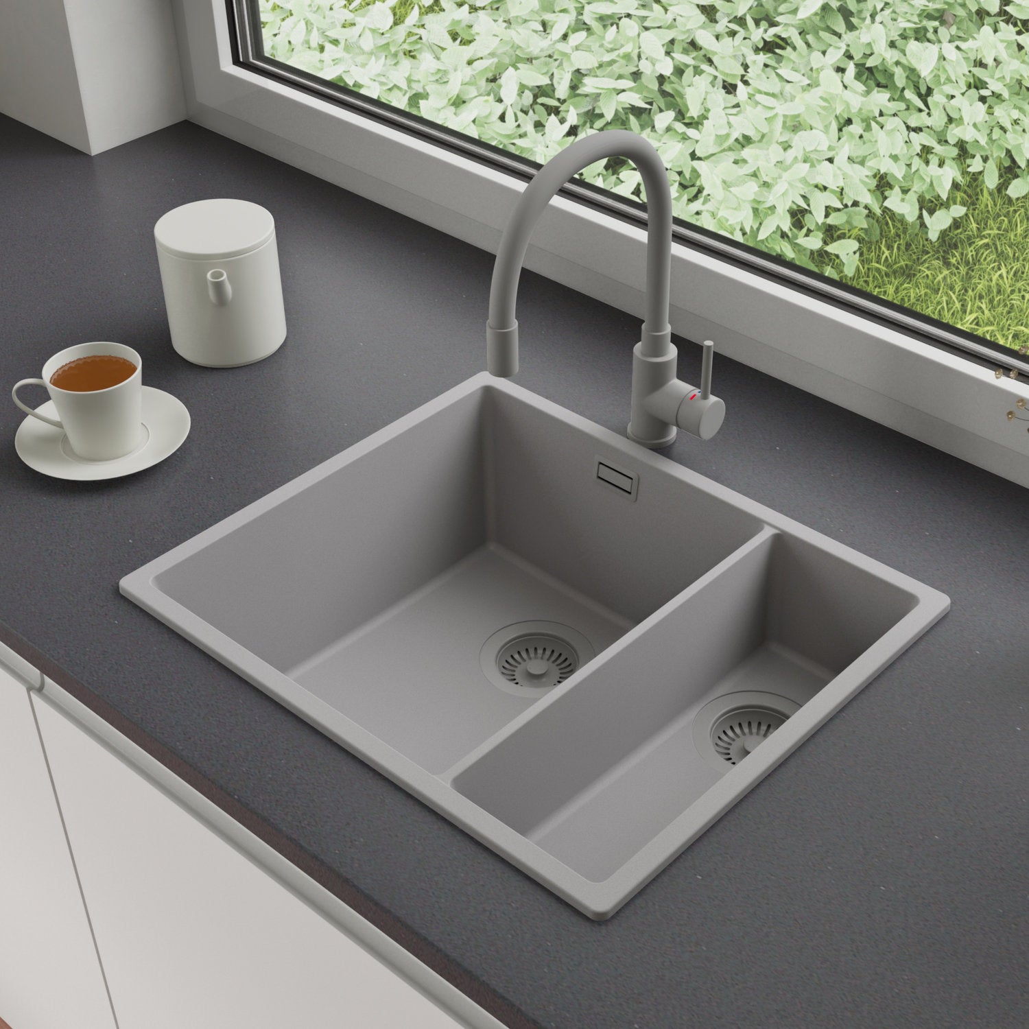 Zlewozmywak Granitowy 56x47cm, do szafki od 60cm + Bateria + Syfon - Agate Szary STONESTYLE