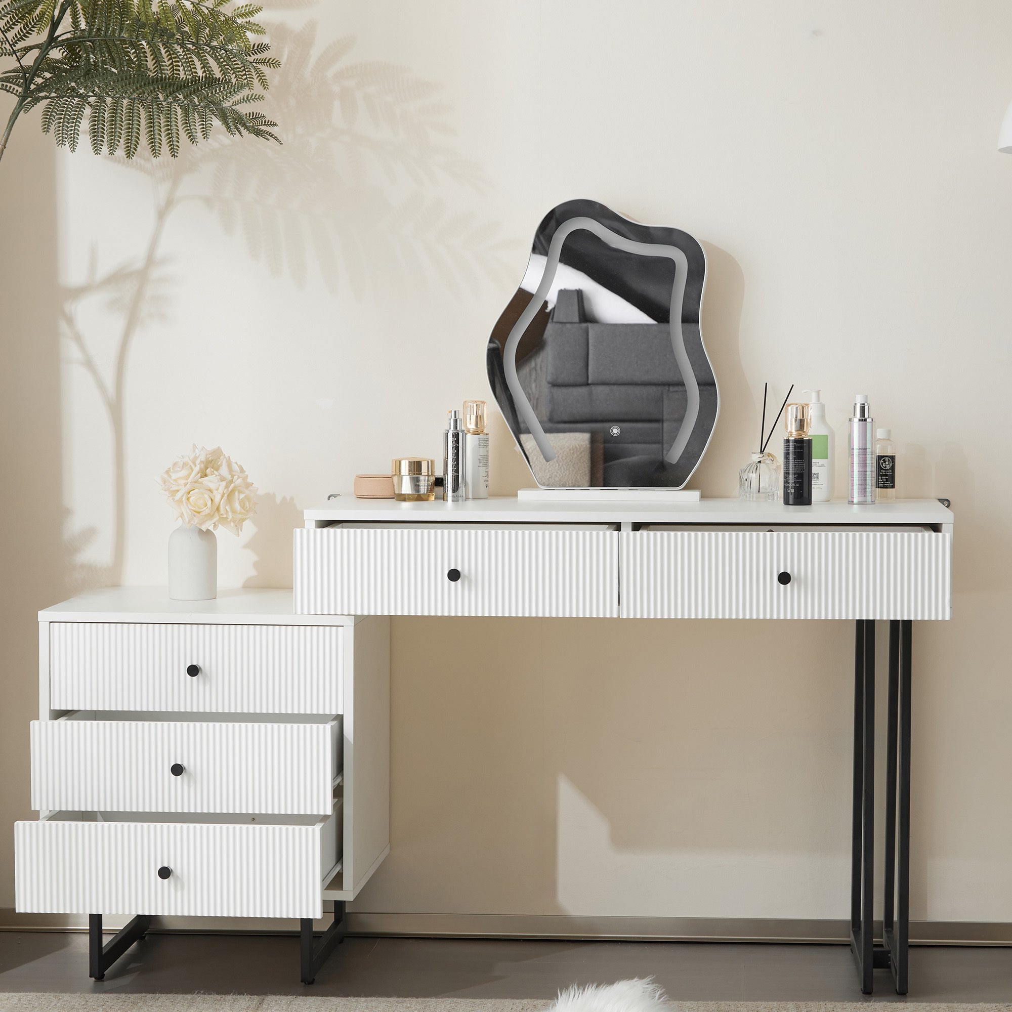 Coiffeuse Sans Miroir Avec 5 Tiroirs Et 6 Cloisons - Bureau Maquillage Rangement, Blanc | Dimensions 120x40x77 Cm - Facile à Assembler