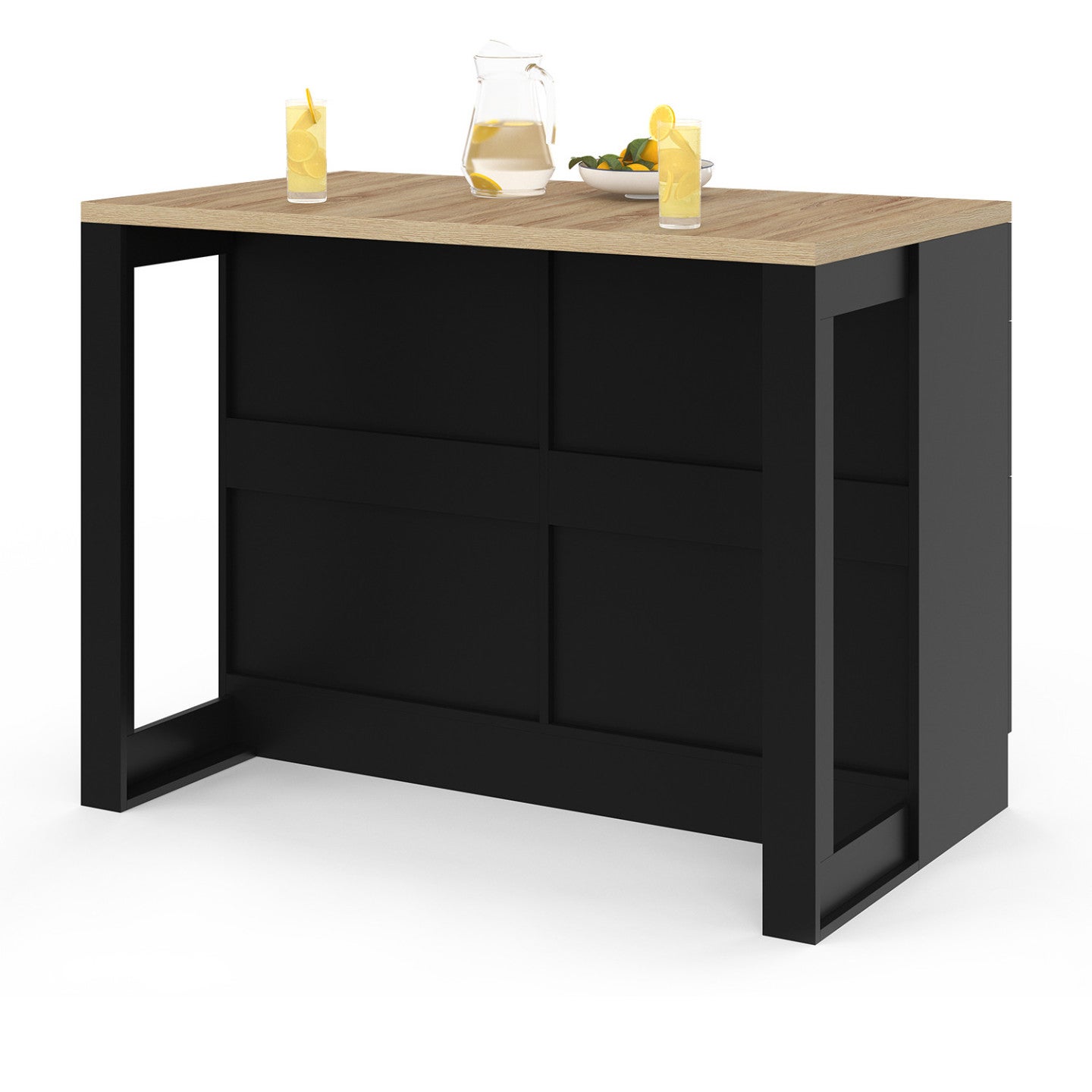 Ilot central mange-debout ORSO 120 cm casserolier 6 tiroirs noir avec plan de travail façon hêtre - 4