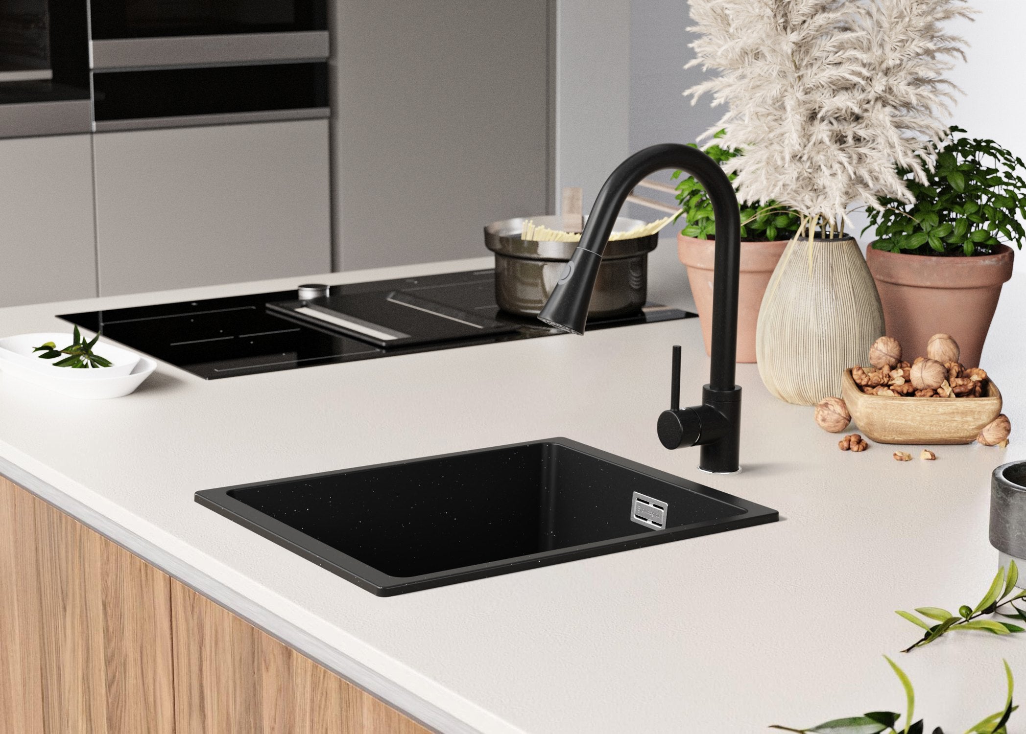 Evier Cuisine en Granit Noir Métallisé 36x47cm, Lavabo 1 bac + Kit de Vidage, Évier à Encastrer au meuble 40cm - London Slim PRIMAGRAN - 9