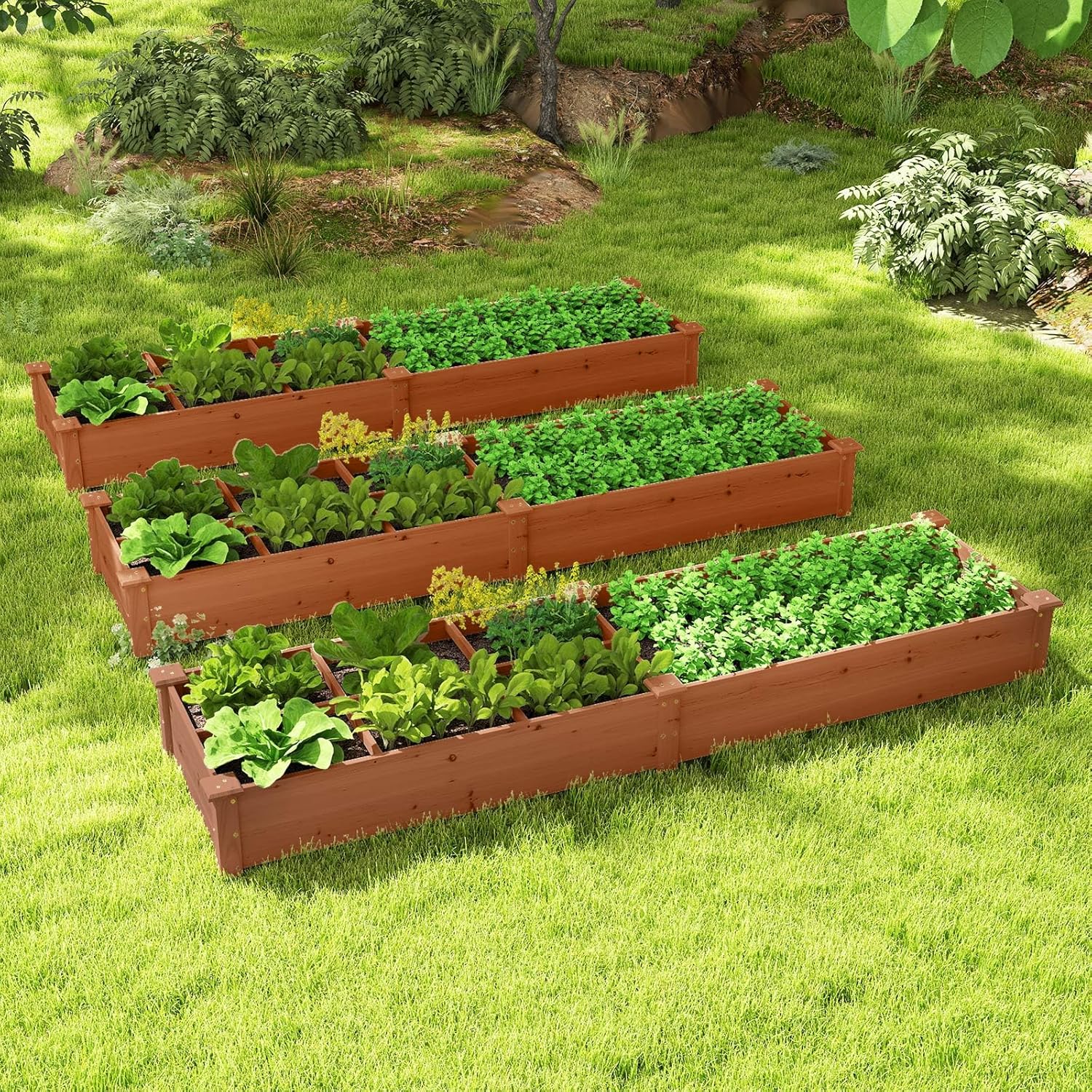 Carre Potager en Bois de Sapin 228x62x25 CM avec Fond Ouvert, Potager Exterieur avec 1 Grand Bacs à Plantation, 6 Petit Bac pour Fleurs Légumes Fruiit - 6