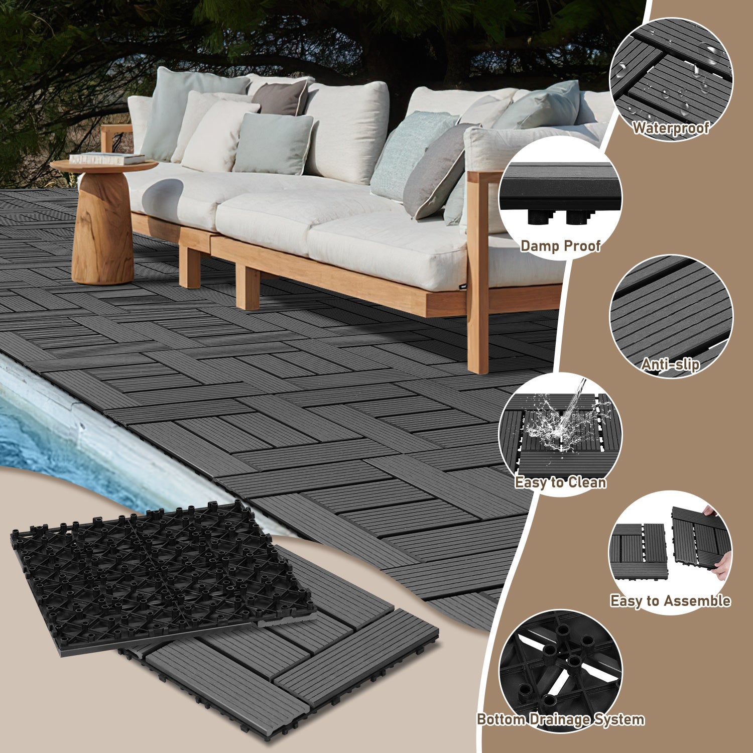 22pcs Dalle de terrasse 2m² Dalle clipsable 30x30cm Revêtement de sol extérieur terrasse jardin Anthracite - 3