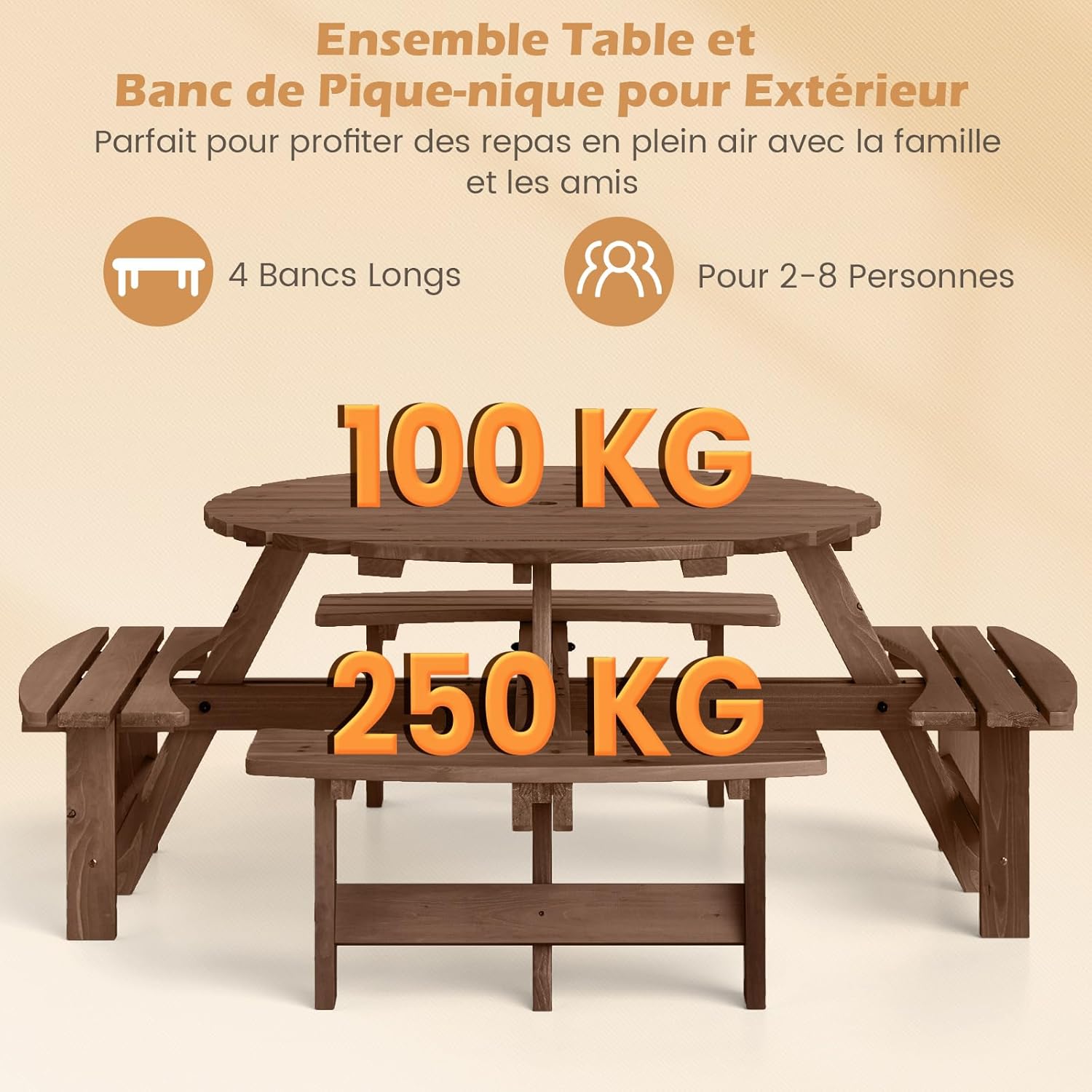 Table Pique-Nique Extérieur 8 Personnes, Table à Manger Jardin Ronde pour Patio avec 4 Bancs Intégrés, Trou Paraso 5 cm, Charge 100+250KG*4 (Marron) - 3