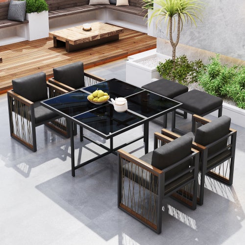 Conjunto de jardín 7 piezas - Mesa de vidrio templado + 4 sillas + 2 reposapiés - Ratán sintético y acero galvanizado - 3