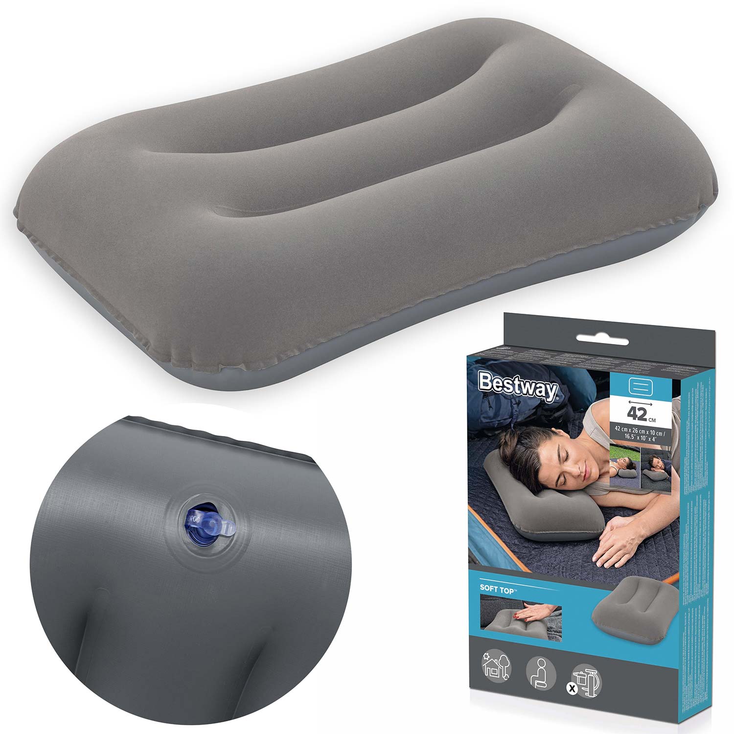 Poduszka dmuchana Bestway 67121 podróżna welurowa szara