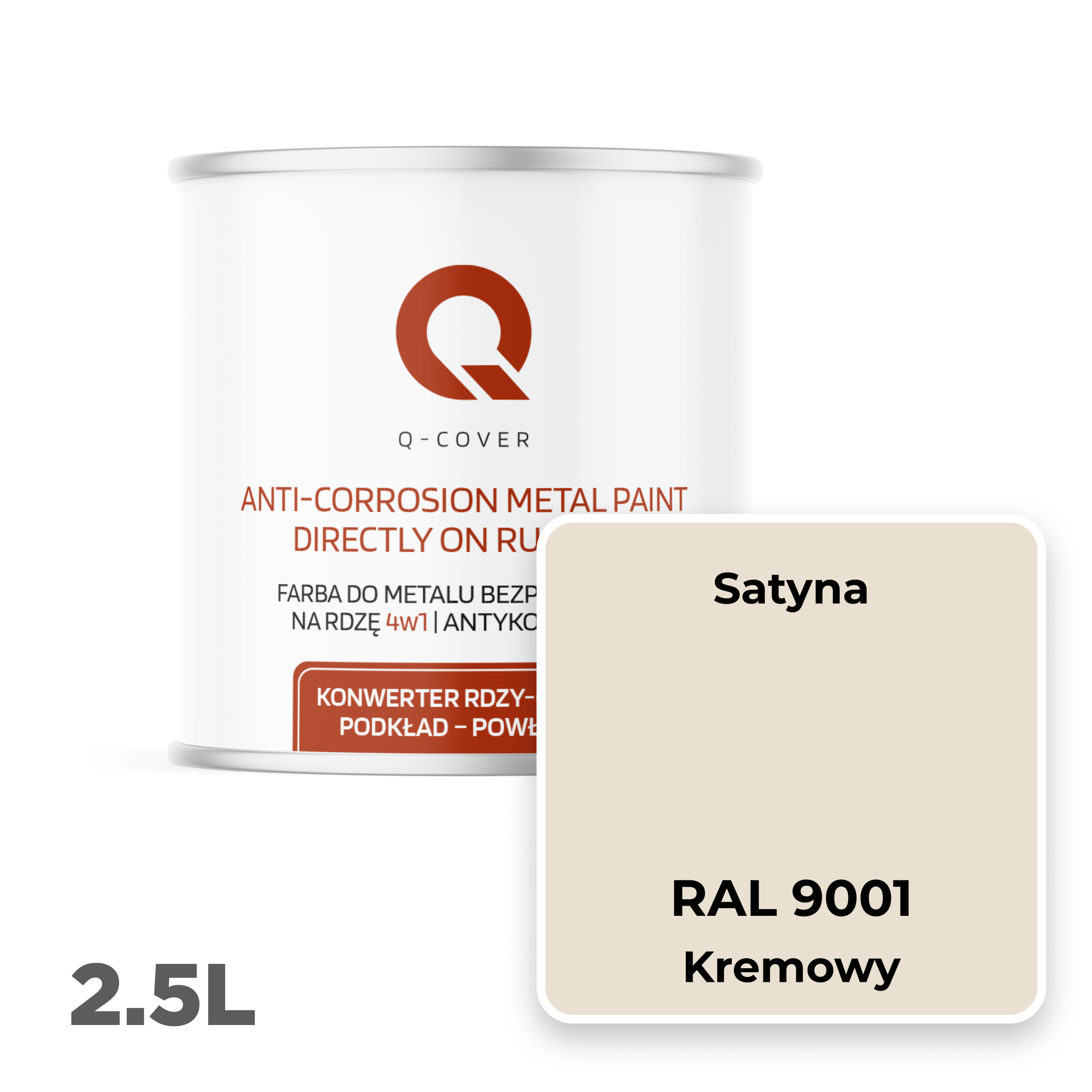 Farba do Metalu Prosto na Rdzę 4w1 Q-Cover Kremowy RAL9001 Satyna 2.5L - 2