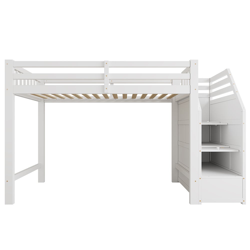 Lit en mezzanine 90x200 cm, avec sommier à lattes, rails, marches escamotables, espace librement combinable sur demande, certifié EN 747, blanc - 6