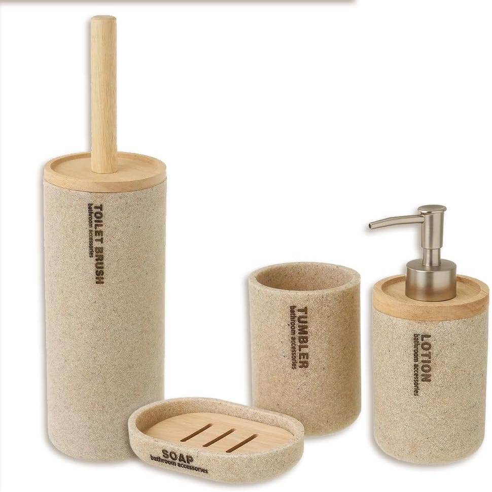 Ensemble Salle De Bain 3 Pièces Juanio En Polyrésine Beige - Distributeur Savon, Porte-Savon Et Gobelet