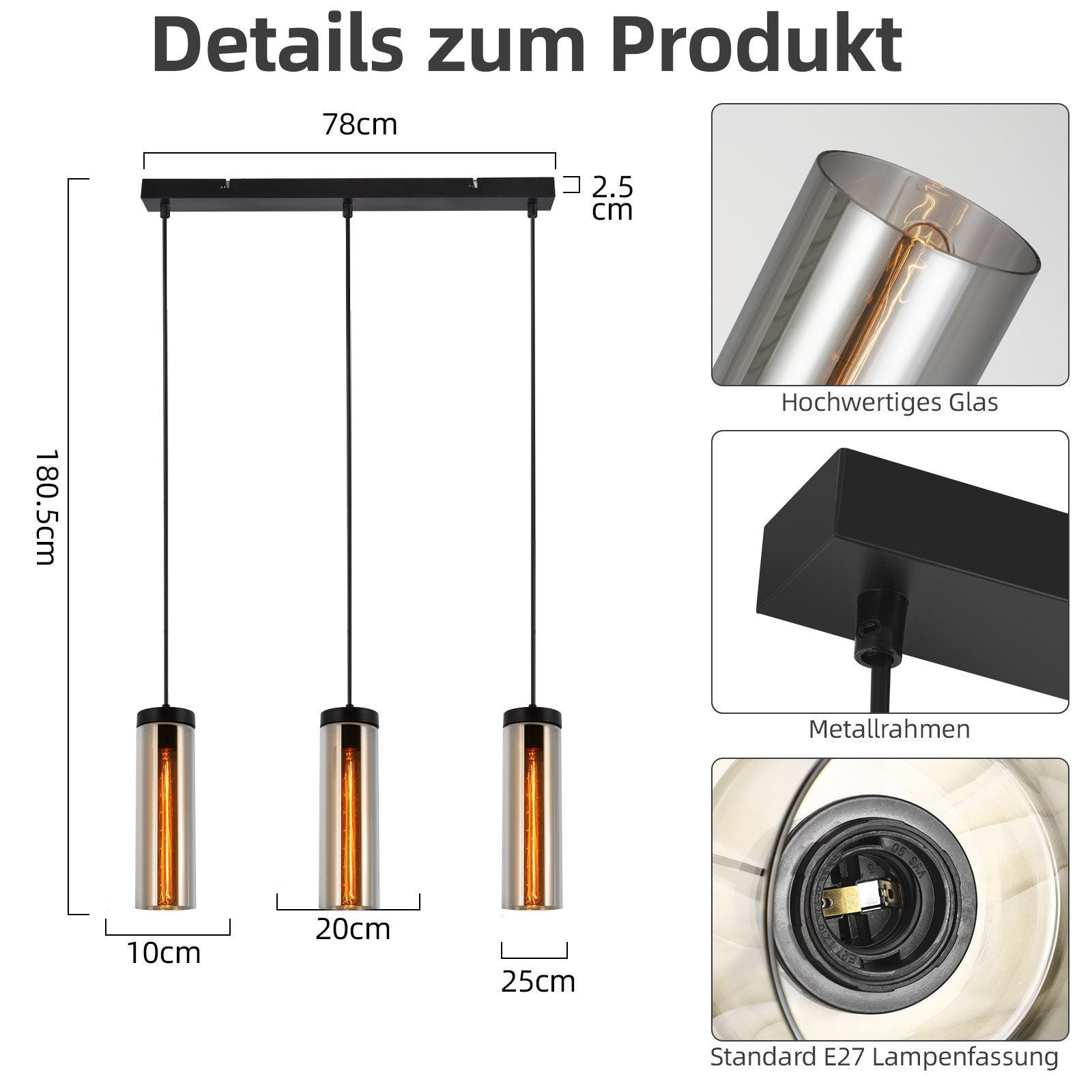 NETTLIFE Lampe à Suspension Pour Table à Manger En Verre Noir Mat Rétro 3 Flammes E27 - 4