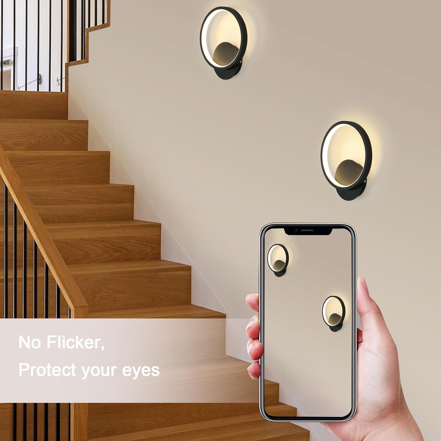 GOECO Applique Murale Intérieure LED - 12W Noir 3000K Lumière Blanche Chaude Ronde Lampe Murale Moderne pour Chambre Salon Couloir Escalier - Ø20cm - 6