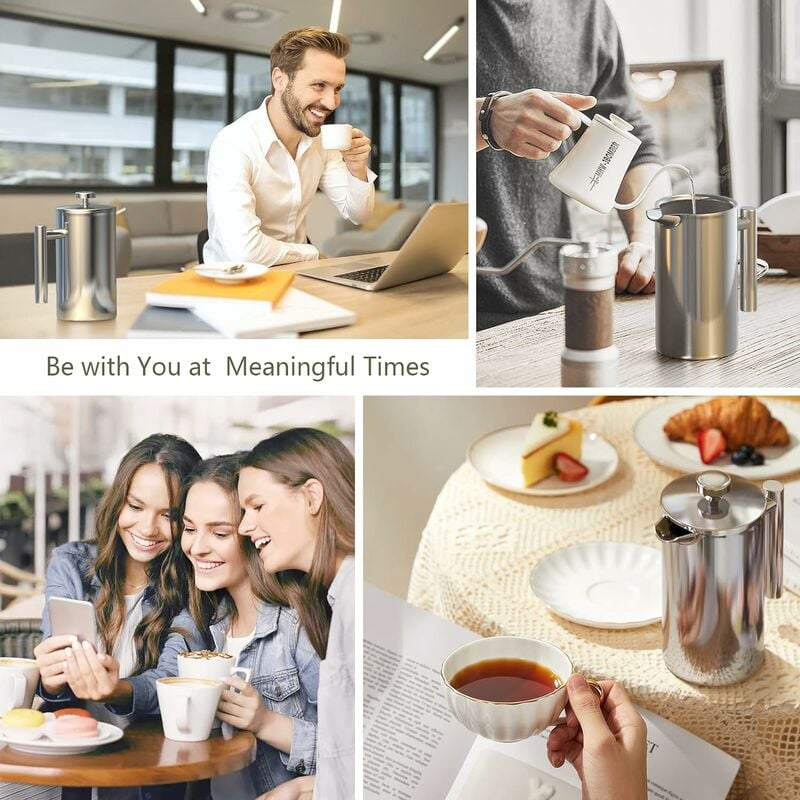 1L stal nierdzewna French Press Coffee Maker, French Press z potrójnym filtrem, French Press z funkcją podtrzymywania ciepła i stalowym tłokiem - 4