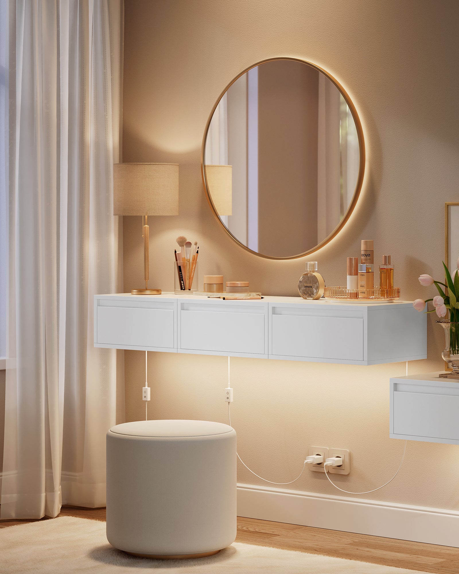 Tables de Chevet Suspendues, Lot de 2, Lumière 3 Couleurs, Étagère Murale Tiroir, 35 x 40 x 18 cm, Style Moderne, pour Chambre, Salon, Blanc Nuage - 6