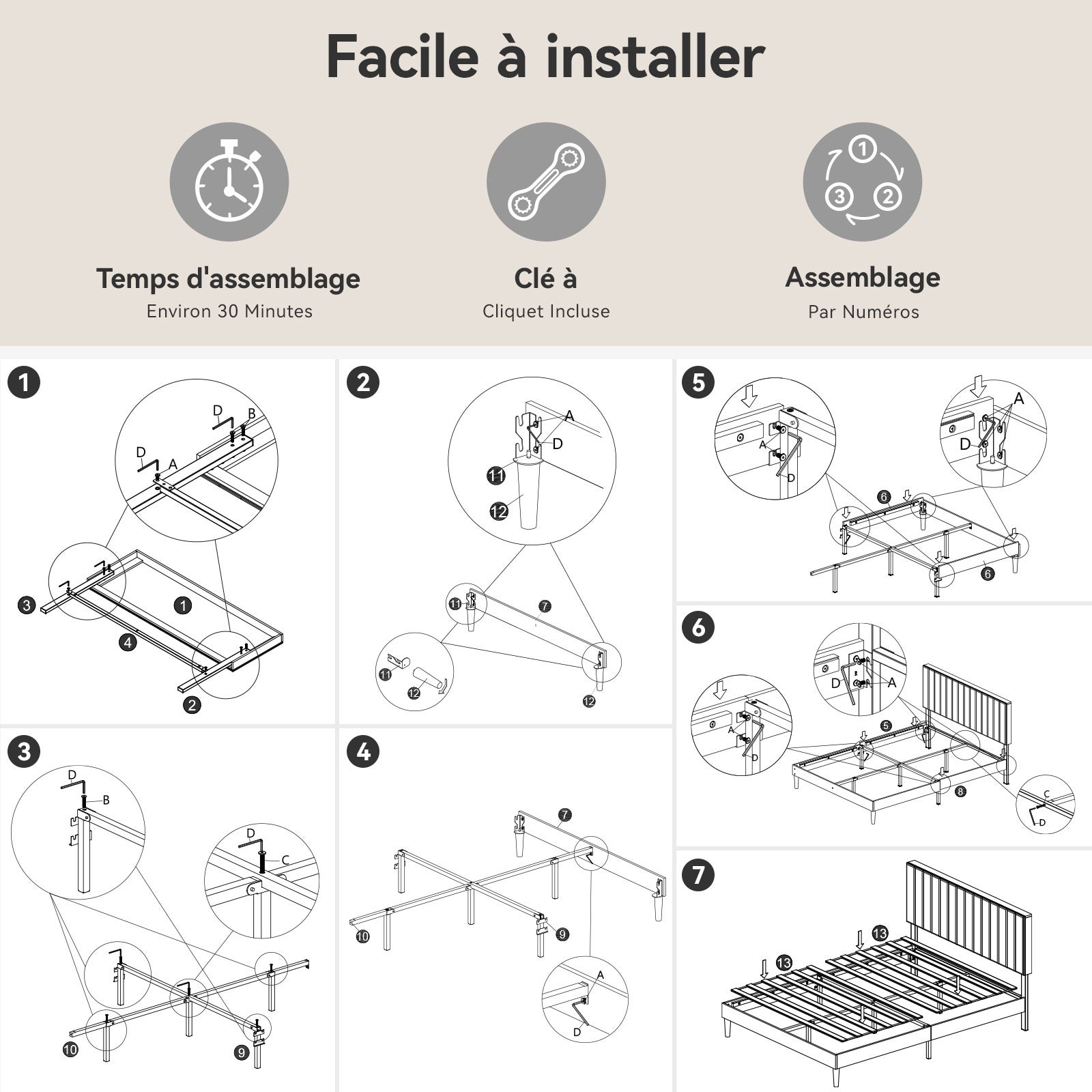 Lit 140x190 cm, Lit double, 480 kg, Rangement 17 cm, bois et métal, Sommier à lattes, métal, Silencieux, Stable, gain de place, tête de lit réglable - 8