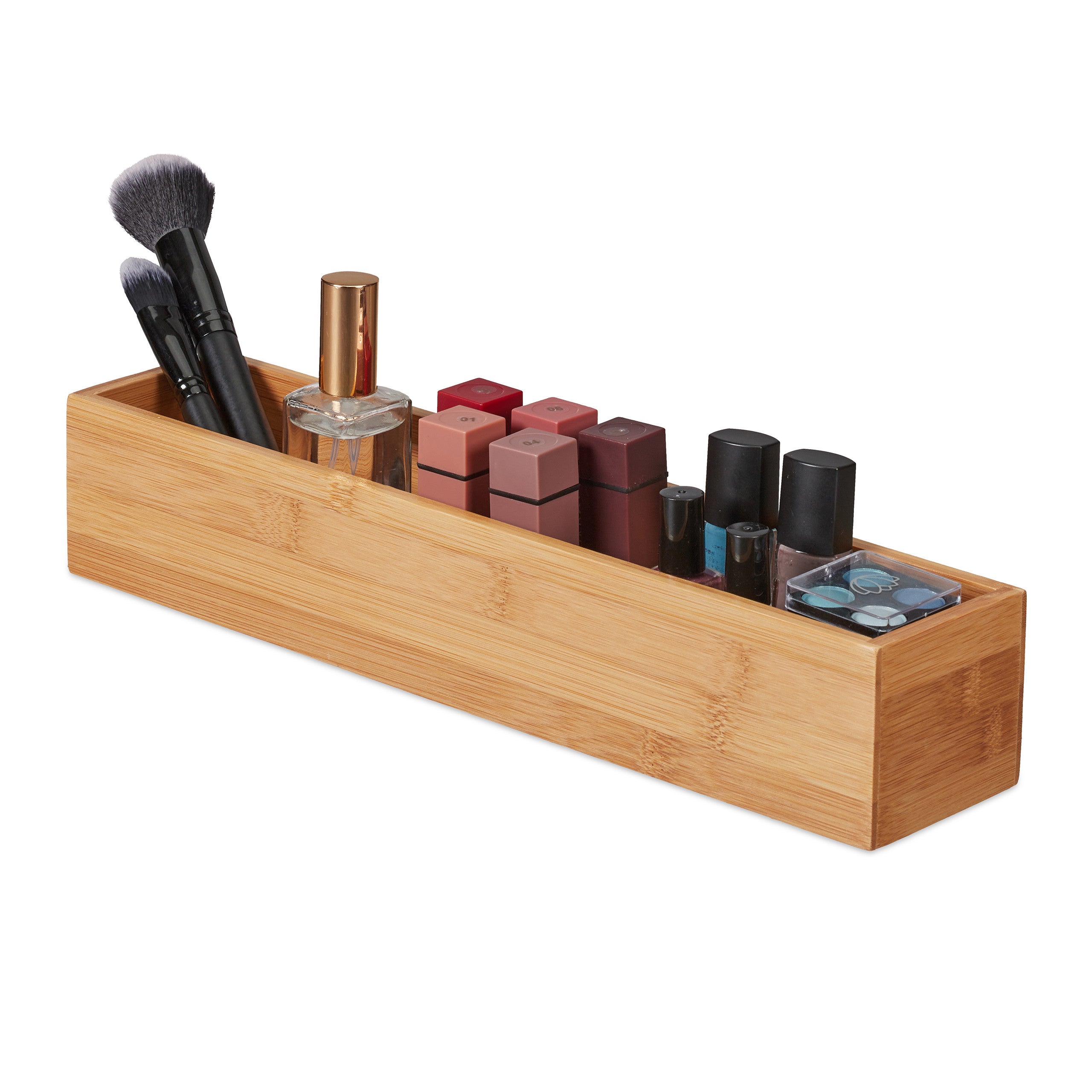 Relaxdays caja de almacenaje bambú, organizador escritorio, cajita larga y estrecha, baño, cocina, 7x38x8 cm, natural