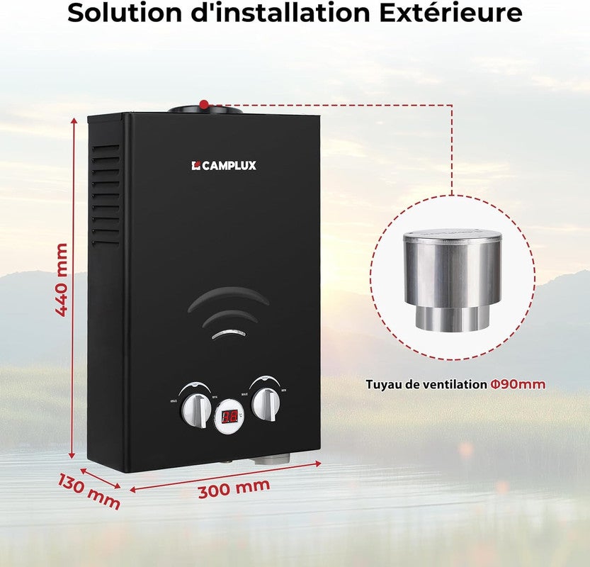 CAMPLUX BW158BC Chauffe-eau à Gaz de 6L/min Avec Housse de pluie, Chauffe-eau instantanés Noir 11KW au gaz propane/butane 30/37mbar - 7