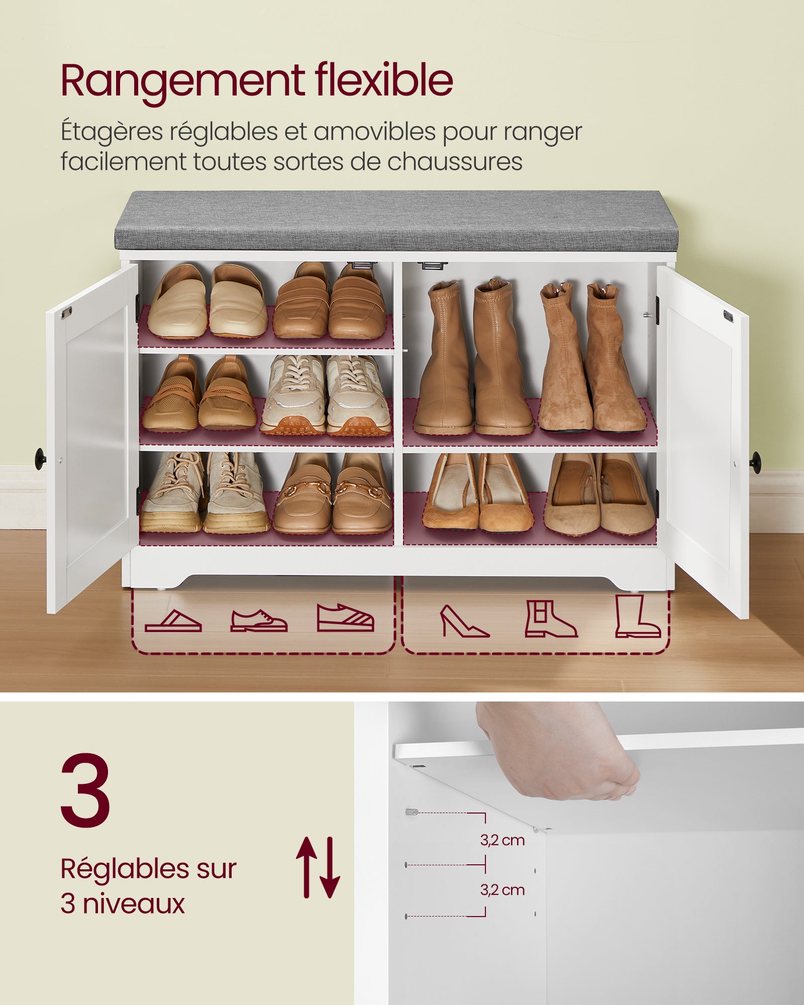 Banc à Chaussures sur 3 Niveaux, Banc de Rangement, avec Coussin, Étagères Réglables, 35,5 x 81 x 52,5cm, pour Entrée, Blanc Nuage et Gris Tourterelle - 3