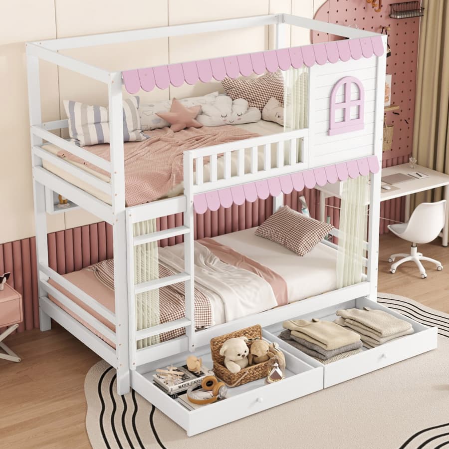 Letto A Castello Per Bambini 90x200 Cm Con Design Casa – Sponde Di Sicurezza Rialzate, Rete A Doghe, In Rosa E Bianco, Multifunzionale Con Porta Ribalta