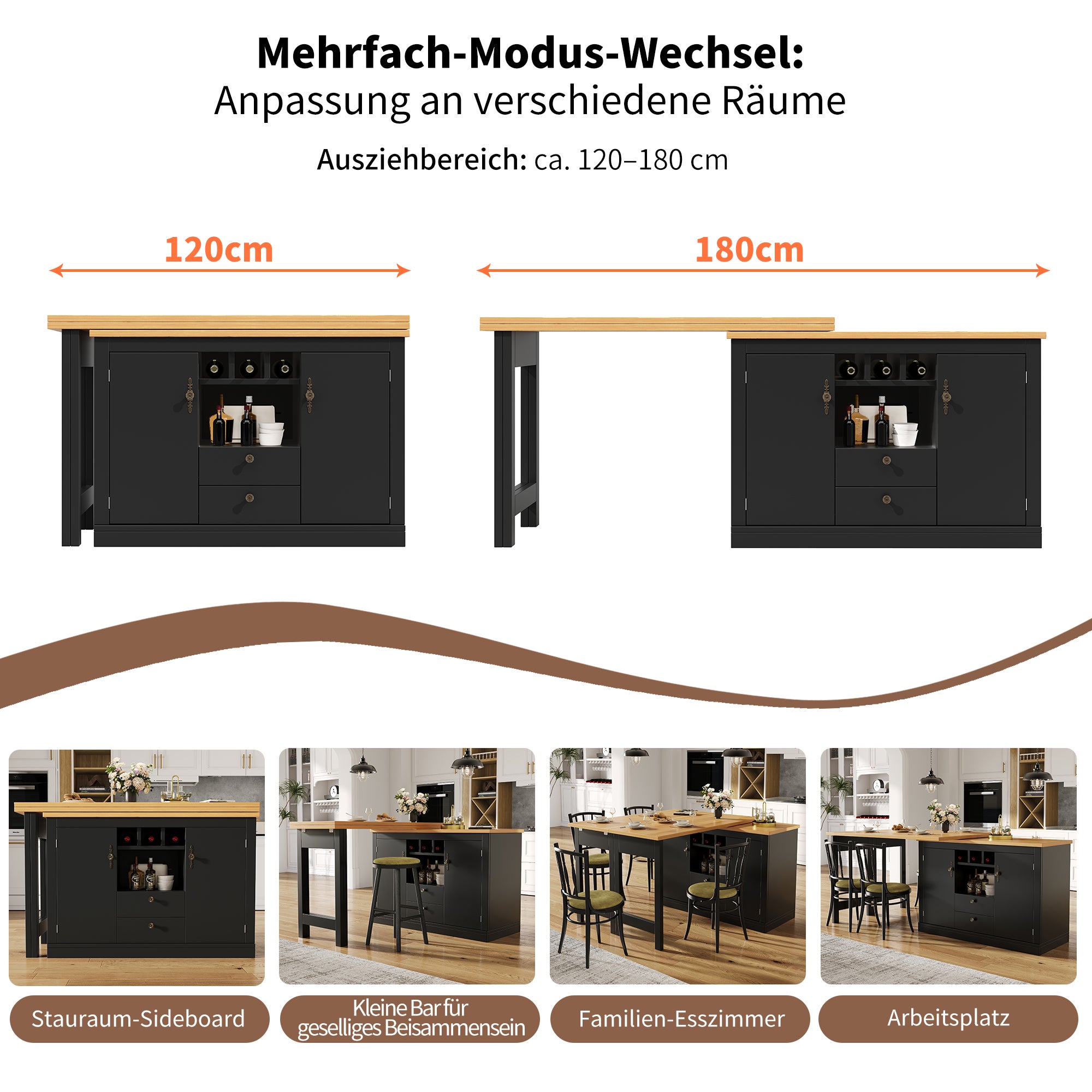 Rozkładany obrotowy stół jadalny z 2 drzwiami i 2 szufladami, wyspa kuchenna - 120-180 x 40 x 71,5 cm - MDF - Czarny + naturalny - 7