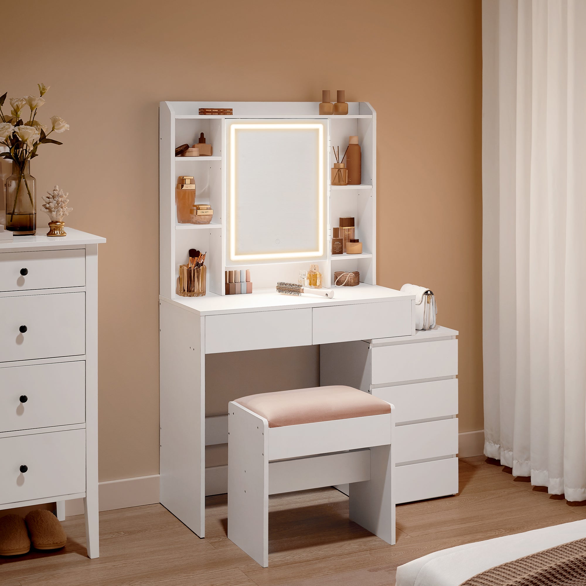 Coiffeuse, Grand Miroir LED à Luminosité Réglable, Compartiments Ouverts, Tabouret, Étagères Réglables, Blanc Nuage - 5