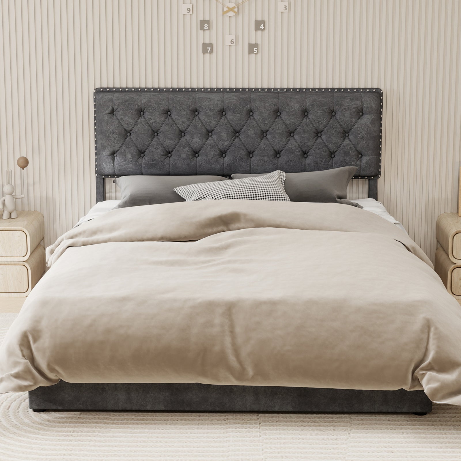 Letto contenitore matrimoniale 160x200 cm, doghe in legno, testiera, velluto grigio, senza materasso - 2