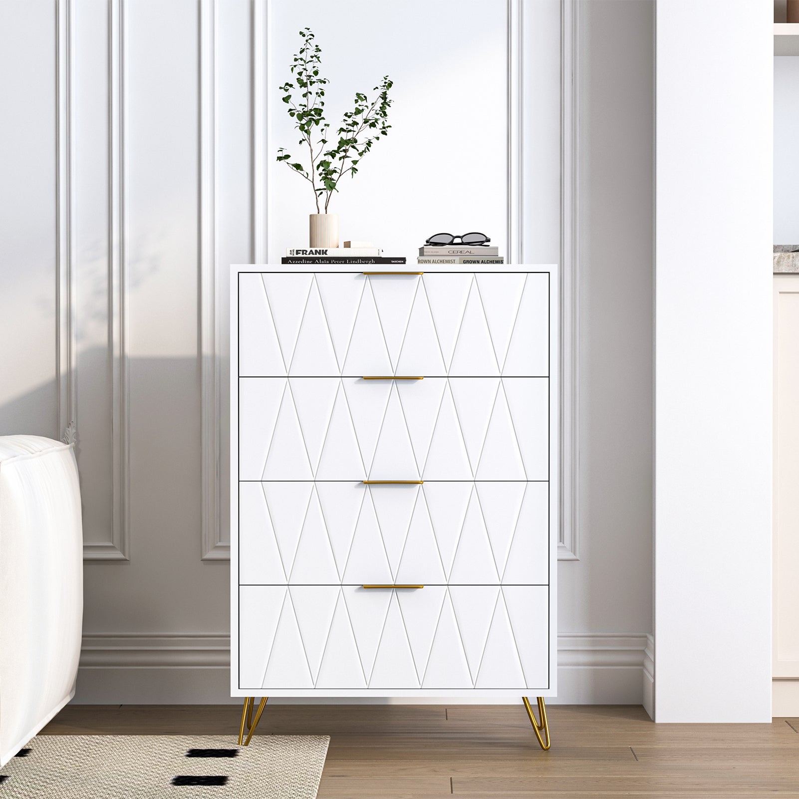 Commode 4 tiroirs, meuble rangement étroit blanc, armoire de stockage chambre salon entrée couloir, commode,60x34x90 cm - 2
