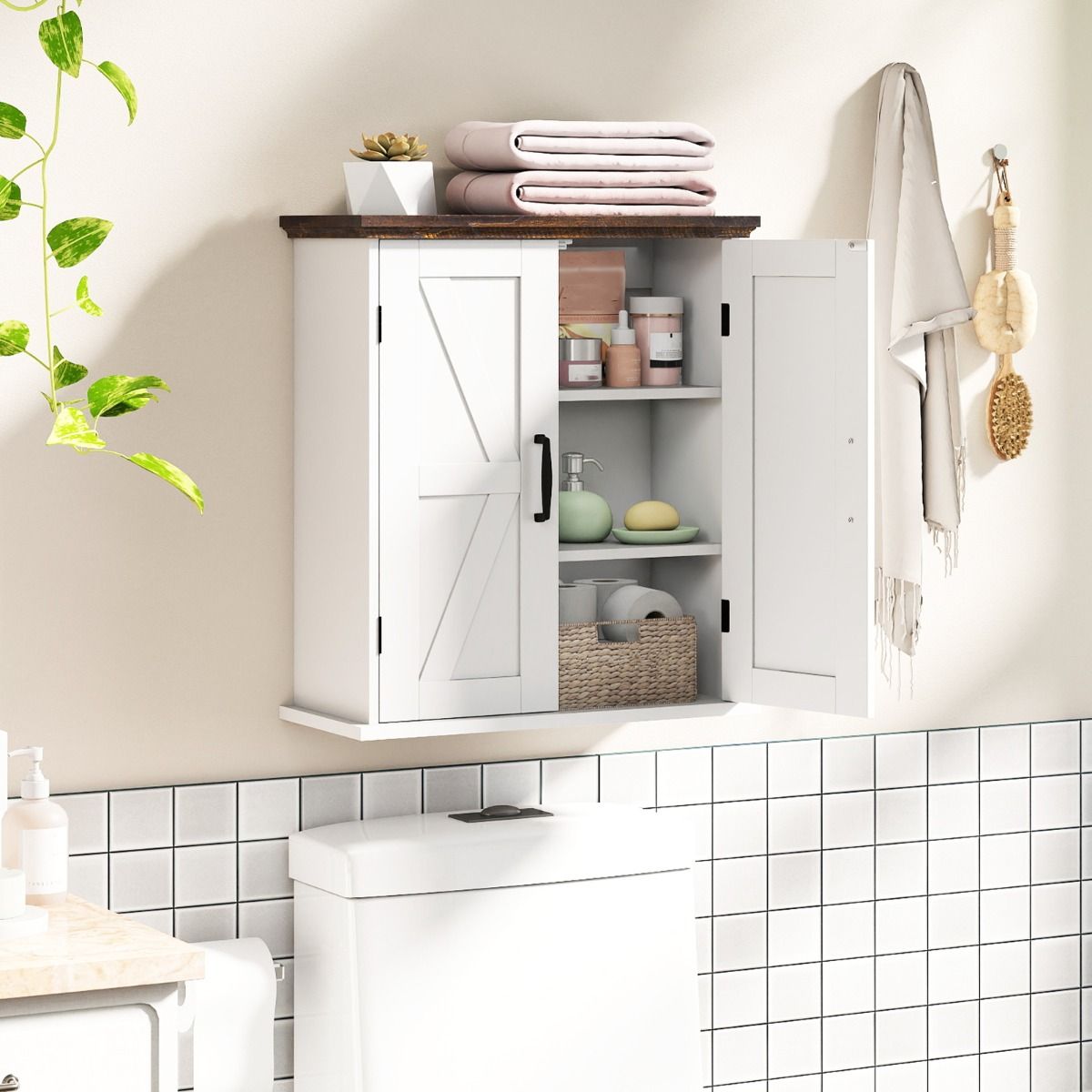 Armario de pared para baño estilo granja con 2 puertas y estanterías…