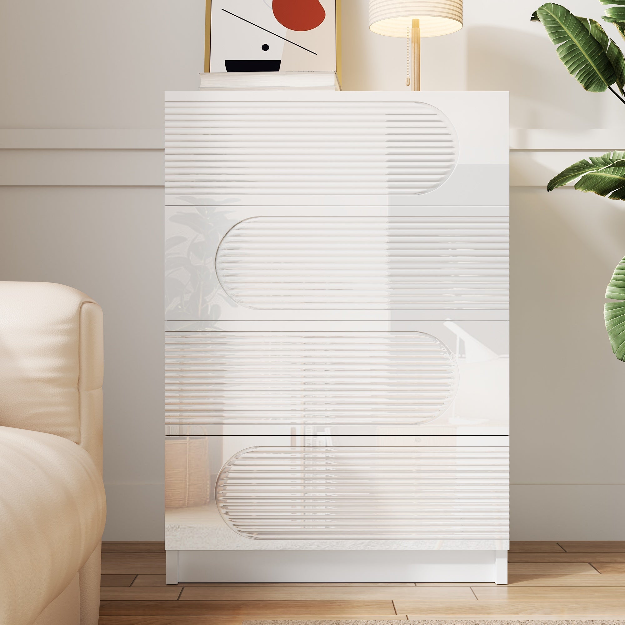 Nowoczesna komoda 60 x 38,5 x 85 cm - regał z 4 szufladami - wykończenie na wysoki połysk - płyta MDF + płyta wiórowa - biały - 2