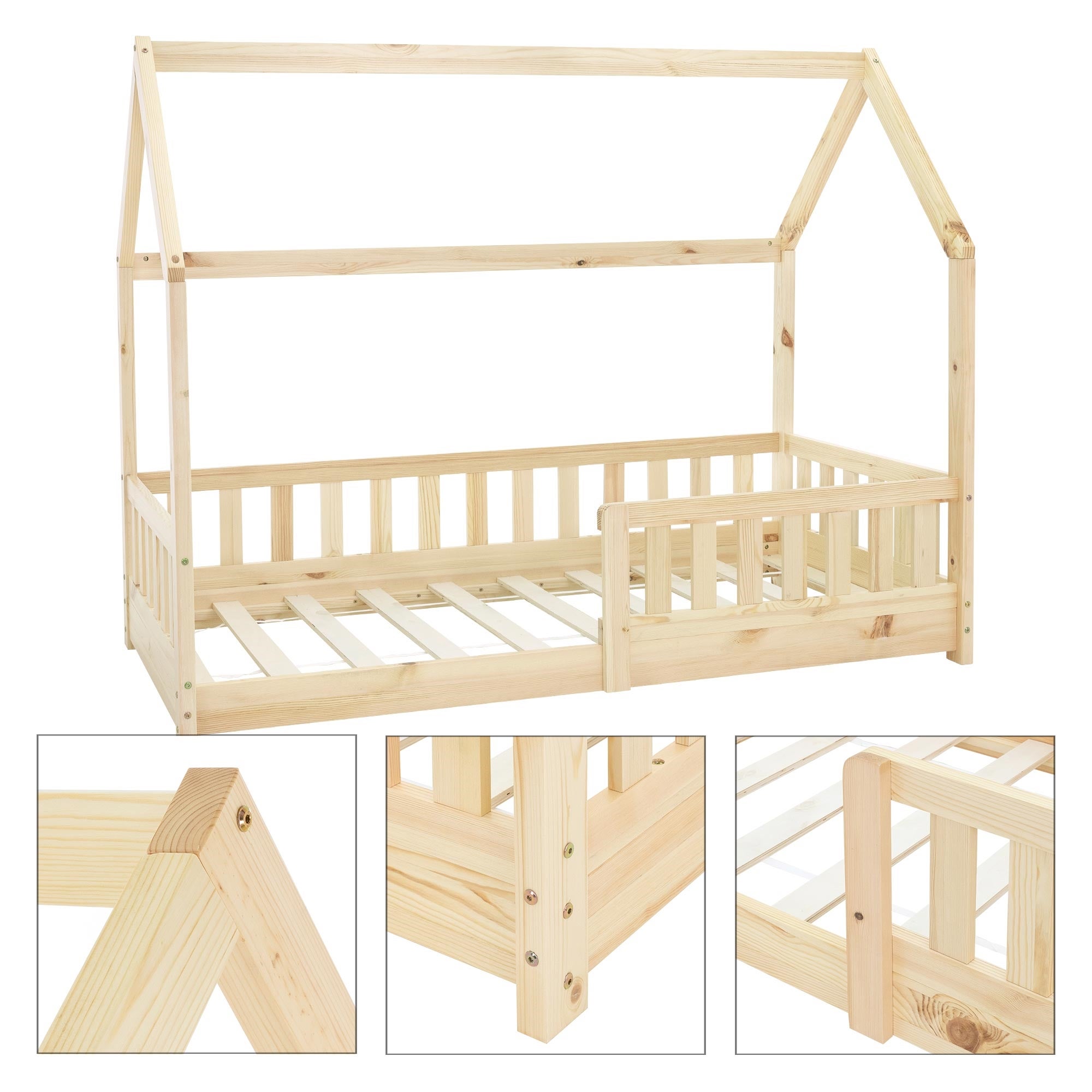 ML-Design Lettino per bambini a forma di casa 80x160 cm con tetto e rete a doghe, protezione anticaduta, legno di pino naturale, letto cameretta bimbi - 4